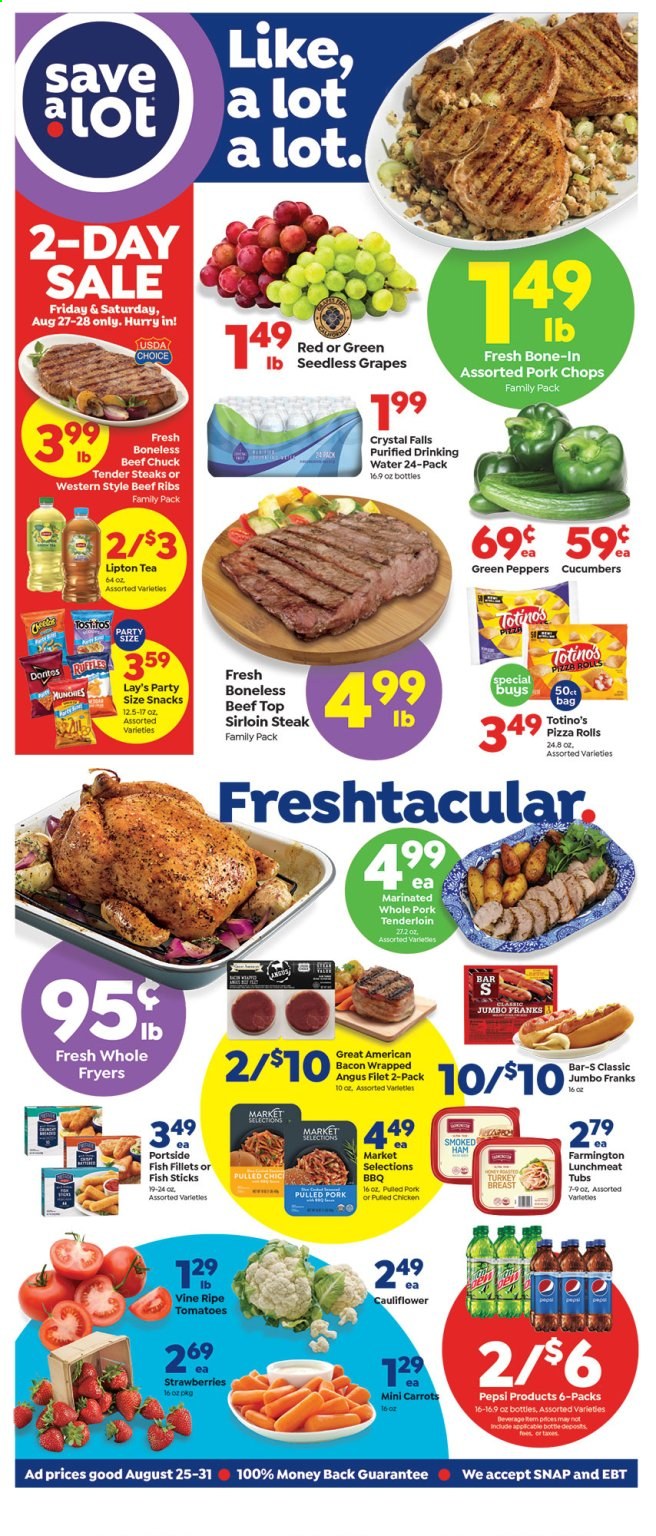 thumbnail - Save a Lot Flyer - 08/25/2021 - 08/31/2021 - Sales products - seedless grapes, pizza rolls, carrots, cucumber, peppers, grapes, strawberries, fish fillets, fish fingers, fish sticks, pizza, pulled pork, bacon, ham, smoked ham, lunch meat, snack, Lay’s, Pepsi, Lipton, tea, beef meat, beef ribs, beef sirloin, steak, sirloin steak, pork chops, pork meat, pork tenderloin. Page 1.