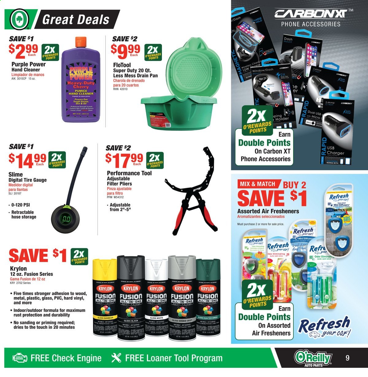 thumbnail - O'Reilly Auto Parts Flyer - 08/25/2021 - 09/28/2021 - Sales products - pliers, holder, Slime, air freshener, cleaner. Page 9.