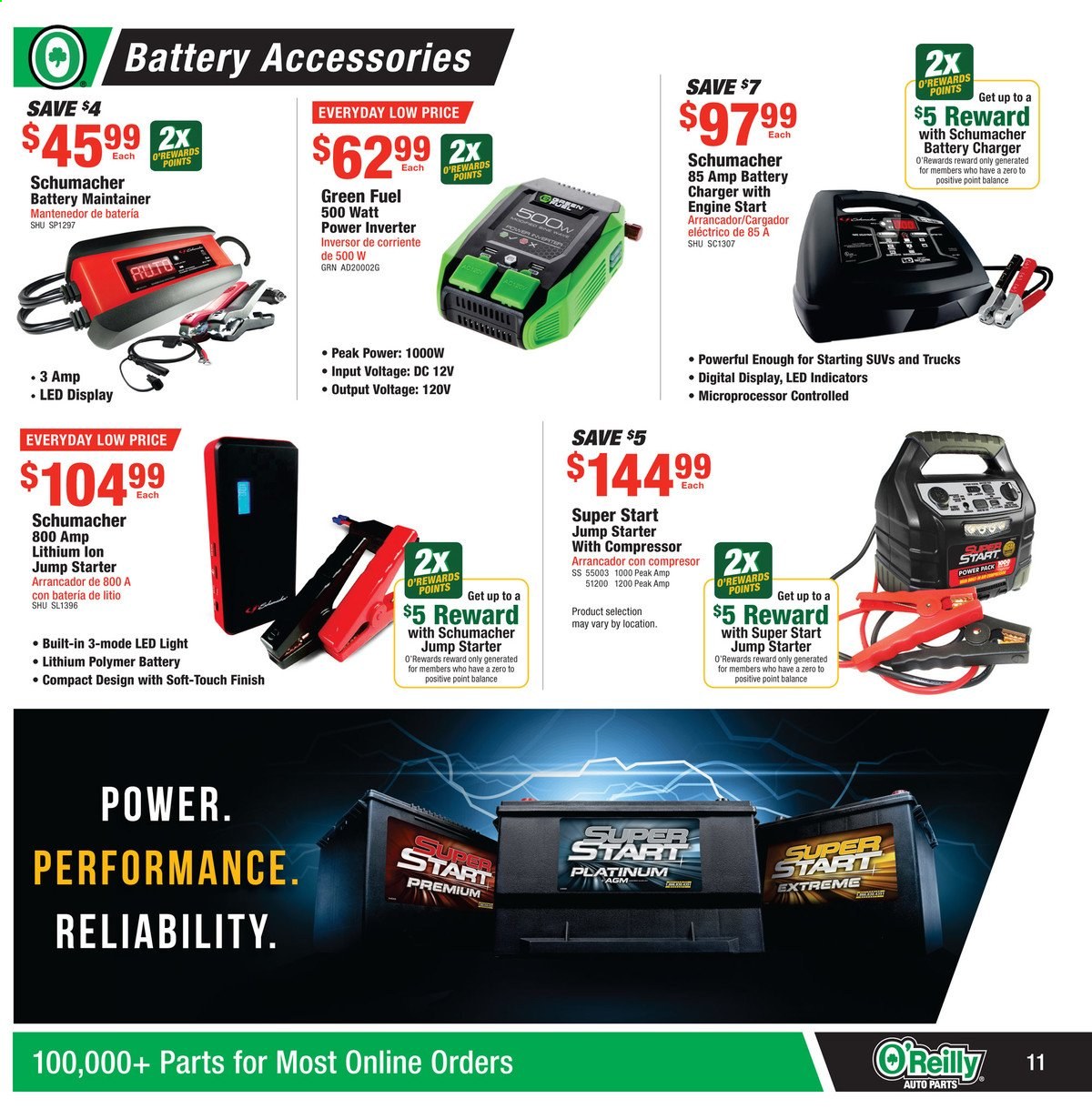 thumbnail - O'Reilly Auto Parts Flyer - 08/25/2021 - 09/28/2021 - Sales products - LED light, power inverter, air compressor, battery charger, starter. Page 11.