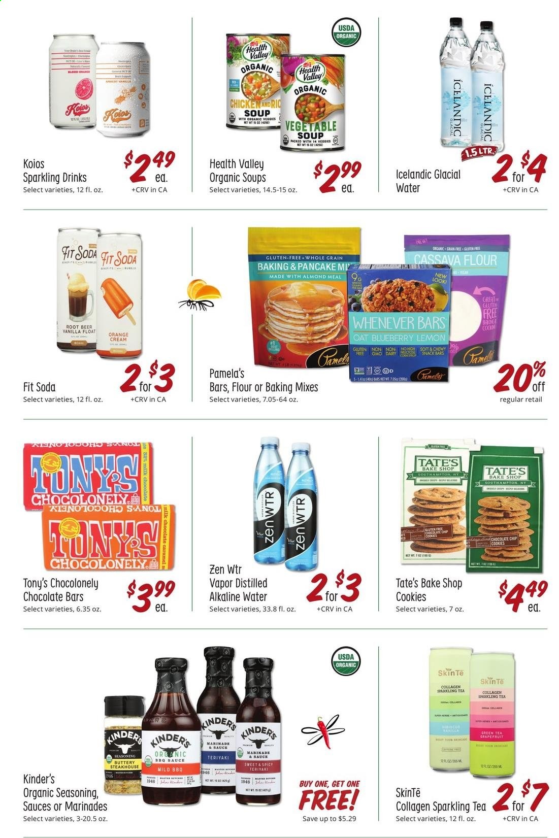 thumbnail - Sprouts Flyer - 08/25/2021 - 09/28/2021 - Sales products - cassava, grapefruits, oranges, vegetable soup, soup, pancakes, cookies, snack, snack bar, chocolate bar, almond meal, flour, oats, spice, BBQ sauce, marinade, soda, alkaline water, green tea, tea, beer. Page 13.