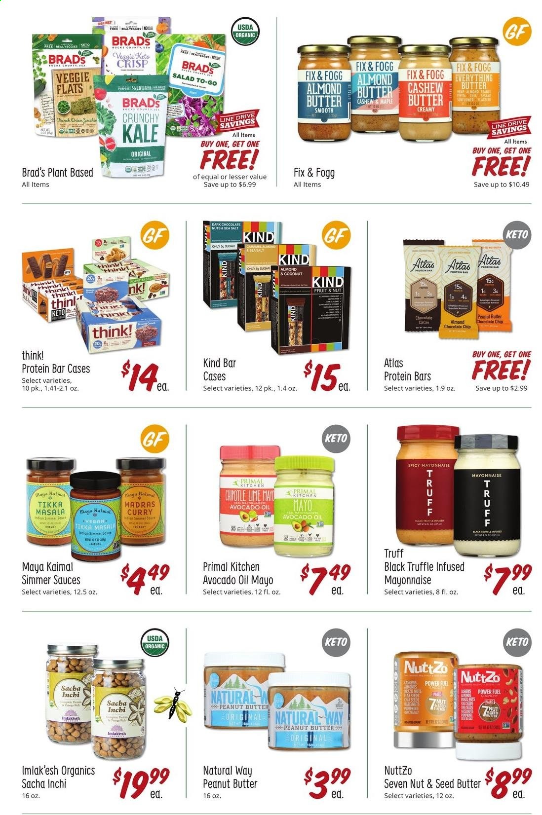 thumbnail - Sprouts Flyer - 08/25/2021 - 09/28/2021 - Sales products - kale, Tikka Masala, almond butter, mayonnaise, chocolate chips, dark chocolate, sugar, sea salt, protein bar, caramel, avocado oil, oil, peanut butter, cashew cream, Primal. Page 15.
