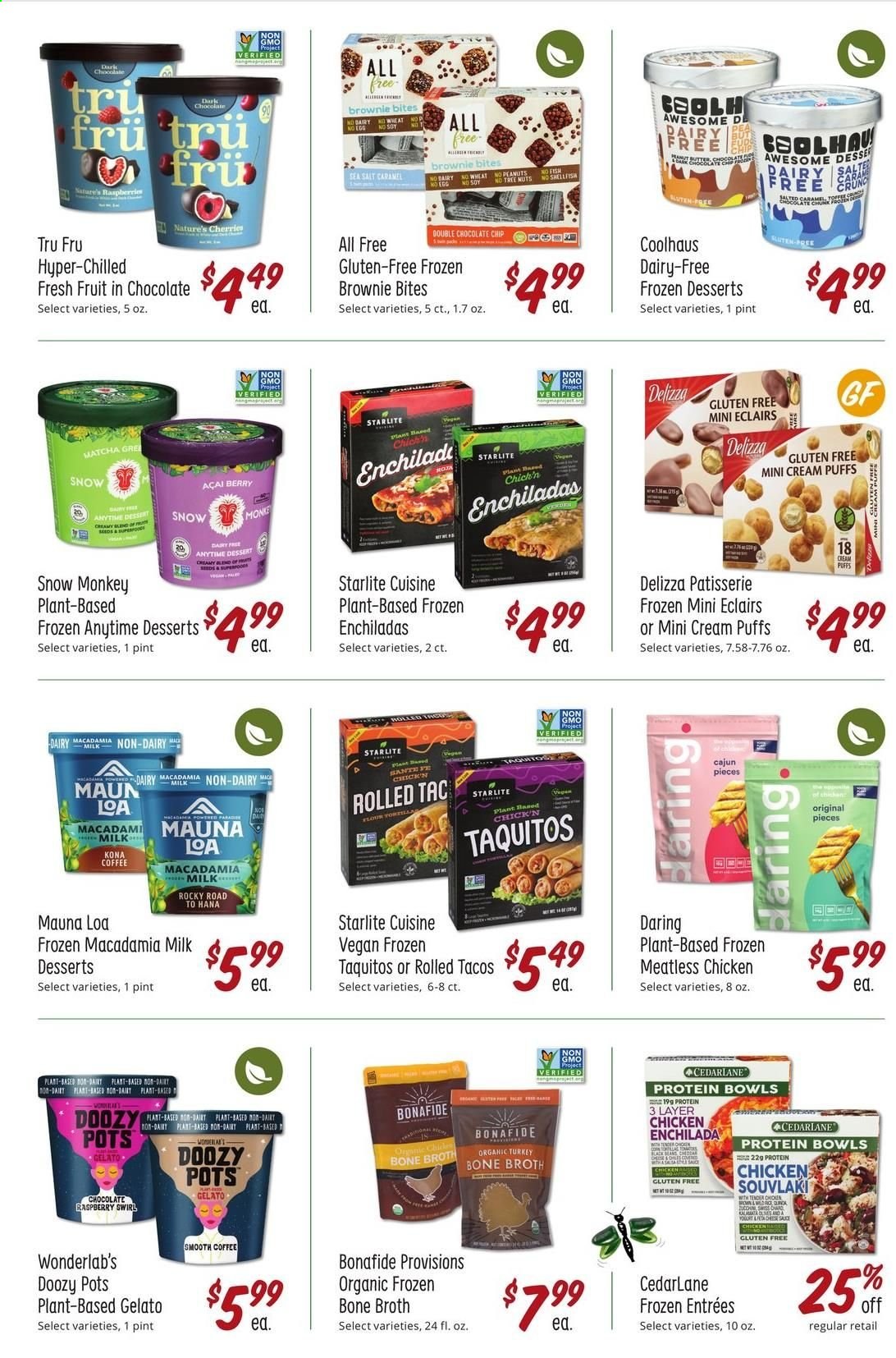 thumbnail - Sprouts Flyer - 08/25/2021 - 09/28/2021 - Sales products - tacos, puffs, brownies, cream puffs, cherries, enchiladas, chicken enchiladas, taquitos, milk, gelato, chocolate chips, broth, peanuts, matcha, coffee, monkey. Page 17.