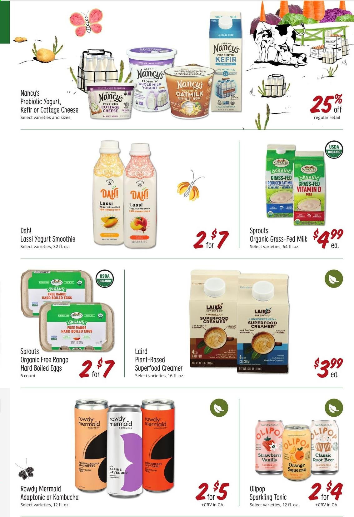 thumbnail - Sprouts Flyer - 08/25/2021 - 09/28/2021 - Sales products - oranges, cottage cheese, cheese, probiotic yoghurt, milk, kefir, oat milk, eggs, creamer, esponja, tonic, smoothie, kombucha, beer, calcium, probiotics. Page 19.