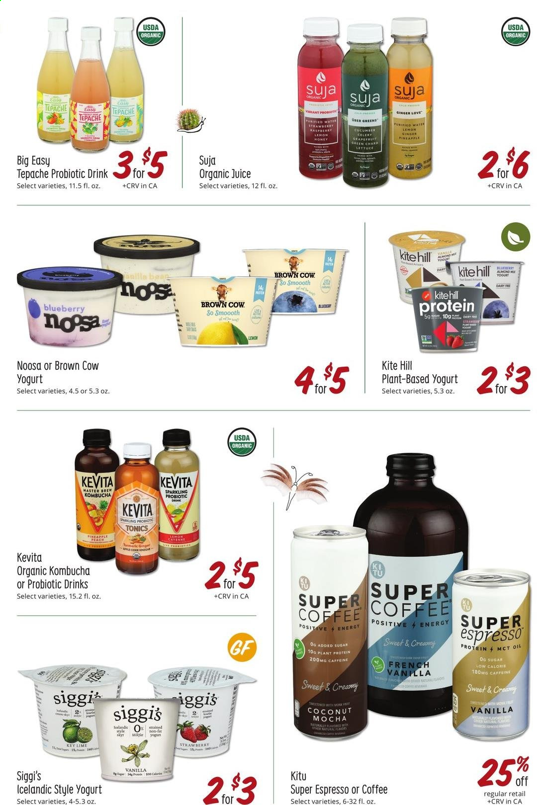 thumbnail - Sprouts Flyer - 08/25/2021 - 09/28/2021 - Sales products - celery, ginger, lettuce, grapefruits, pineapple, coconut, yoghurt, plant protein, juice, kombucha, KeVita, coffee. Page 20.