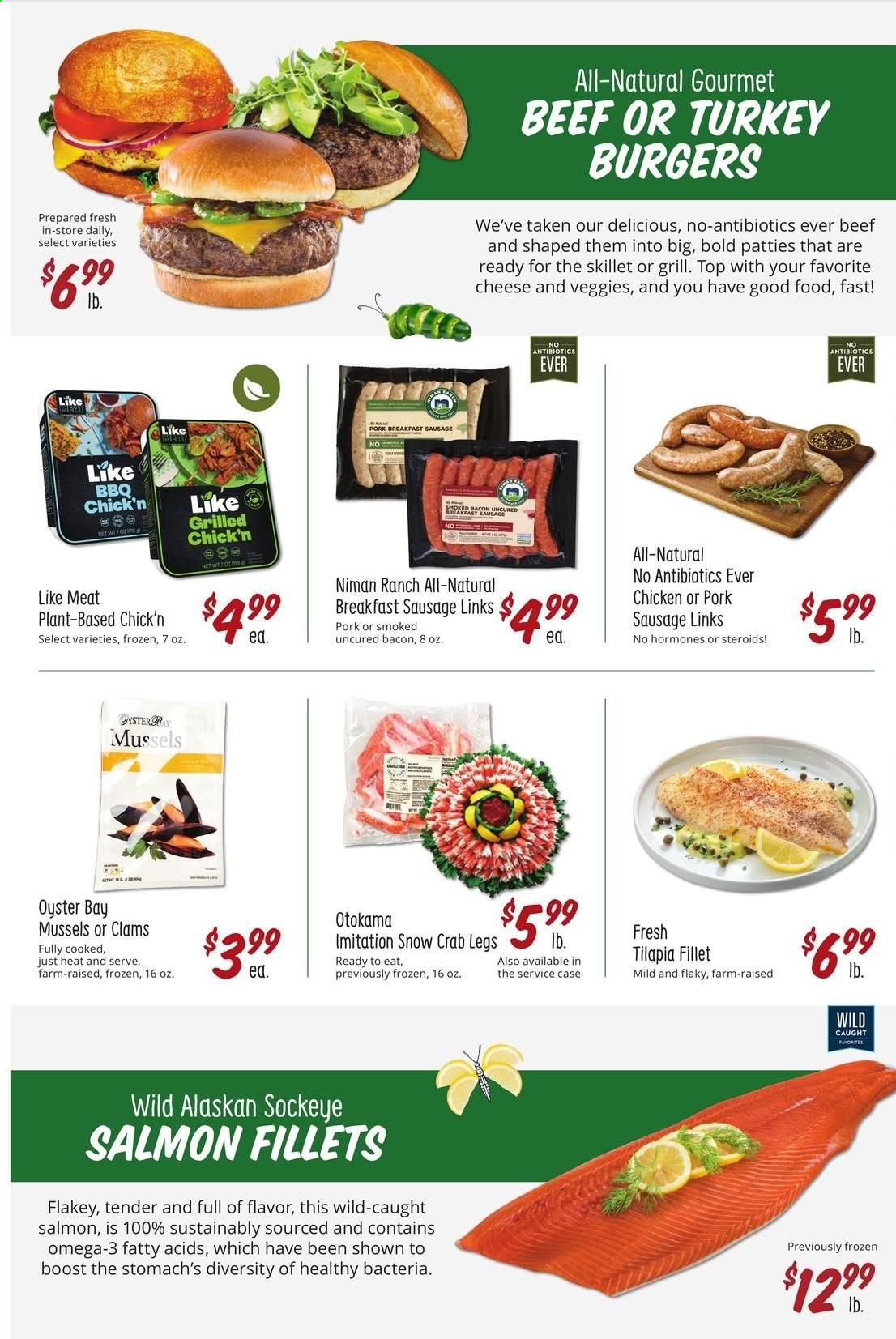 thumbnail - Sprouts Flyer - 08/25/2021 - 09/28/2021 - Sales products - clams, mussels, salmon, salmon fillet, tilapia, oysters, crab legs, crab, hamburger, bacon, sausage, cheese, Boost, turkey burger, Omega-3. Page 21.