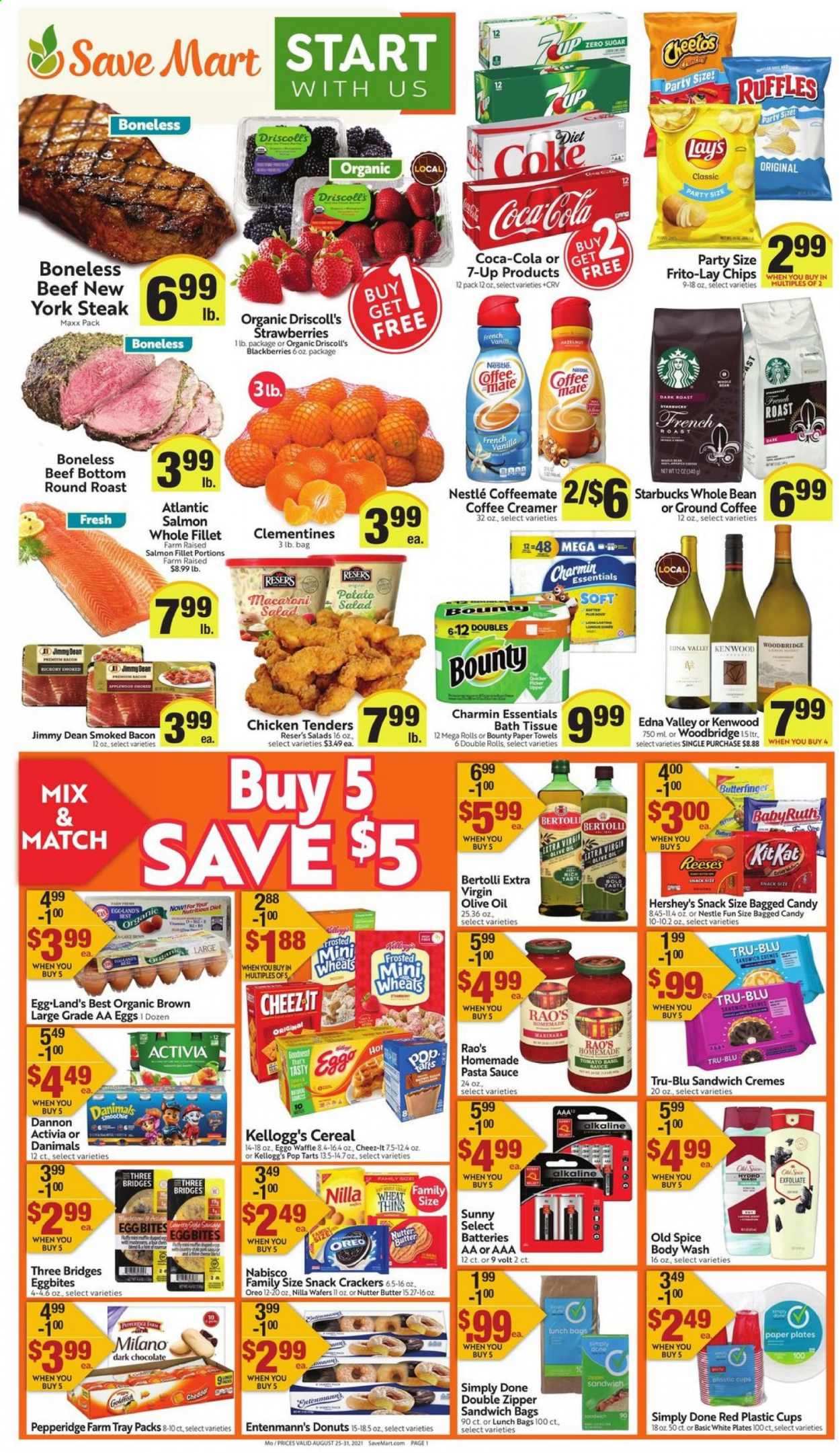 thumbnail - Save Mart Flyer - 08/25/2021 - 08/31/2021 - Sales products - donut, Entenmann's, blackberries, strawberries, chicken tenders, beef meat, steak, round roast, salmon, salmon fillet, pasta sauce, sauce, Bertolli, Jimmy Dean, bacon, cheese, Oreo, Activia, Dannon, Danimals, Coffee-Mate, eggs, butter, creamer, Reese's, Hershey's, Nestlé, wafers, chocolate, snack, Bounty, crackers, Kellogg's, dark chocolate, Pop-Tarts, chips, Lay’s, Thins, Frito-Lay, Cheez-It, Ruffles, cereals, spice, extra virgin olive oil, olive oil, oil, Coca-Cola, 7UP, smoothie, Starbucks, ground coffee, Woodbridge, body wash, Old Spice, paper plate, clementines. Page 1.