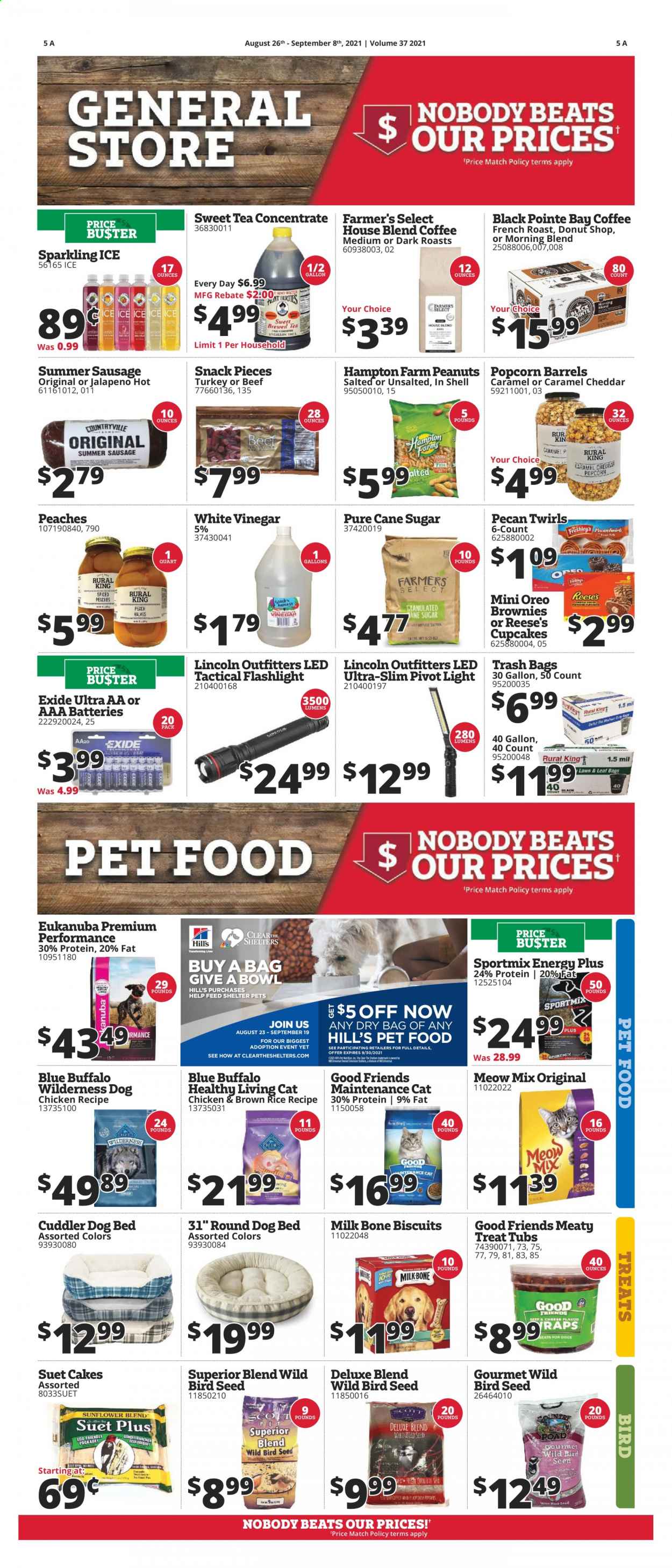 thumbnail - Rural King Flyer - 08/26/2021 - 09/08/2021 - Sales products - Oreo, snack, brownies, Reese's, biscuit, popcorn, cane sugar, sugar, brown rice, vinegar, peanuts, tea, coffee, trash bags, AAA batteries, dog bed, animal food, bird food, Blue Buffalo, suet, plant seeds, Hill's, Meow Mix, Eukanuba, suet cakes, flashlight, Shell. Page 8.