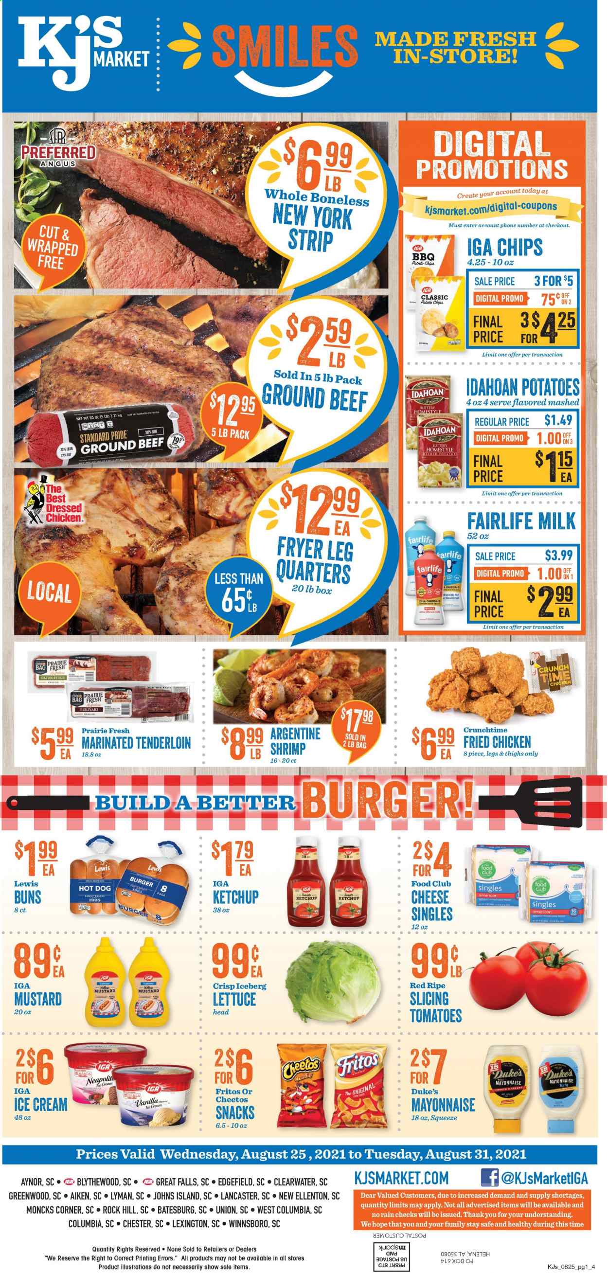 thumbnail - KJ´s Market Flyer - 08/25/2021 - 08/31/2021 - Sales products - buns, tomatoes, lettuce, shrimps, mashed potatoes, hot dog, hamburger, fried chicken, cheese, milk, mayonnaise, ice cream, snack, Fritos, potato chips, Cheetos, chips, mustard, beef meat, ground beef, Bakers, Omega-3. Page 1.