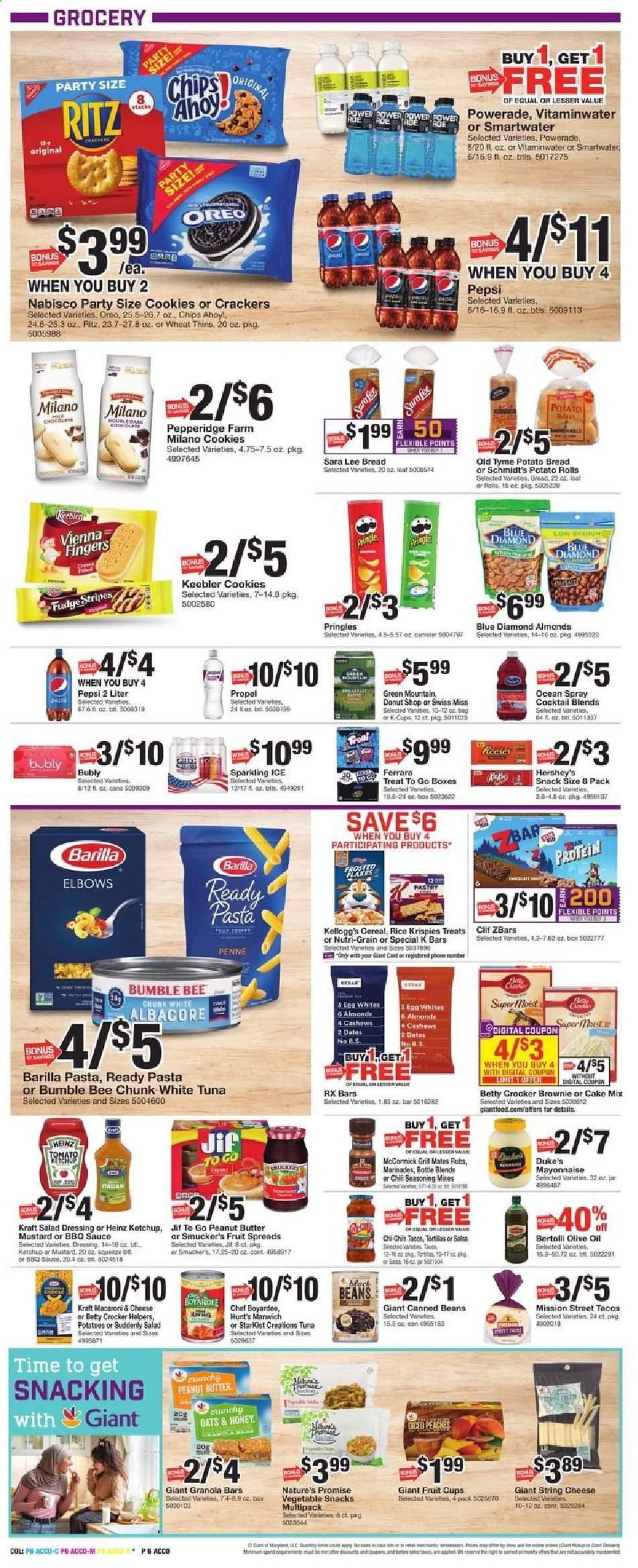 thumbnail - Giant Food Flyer - 08/27/2021 - 09/02/2021 - Sales products - fruit cup, bread, tortillas, Nature’s Promise, potato rolls, Sara Lee, Ace, cake mix, beans, potatoes, tuna, StarKist, macaroni & cheese, Bumble Bee, Barilla, Kraft®, Bertolli, string cheese, Oreo, Swiss Miss, eggs, mayonnaise, Reese's, Hershey's, cookies, fudge, vienna fingers, snack, crackers, Kellogg's, Keebler, RITZ, Pringles, chips, Thins, Heinz, Manwich, Chef Boyardee, cereals, granola bar, Rice Krispies, penne, spice, BBQ sauce, mustard, salad dressing, ketchup, dressing, salsa, olive oil, oil, peanut butter, Jif, Blue Diamond, Powerade, Pepsi, Smartwater, Green Mountain, mop. Page 6.
