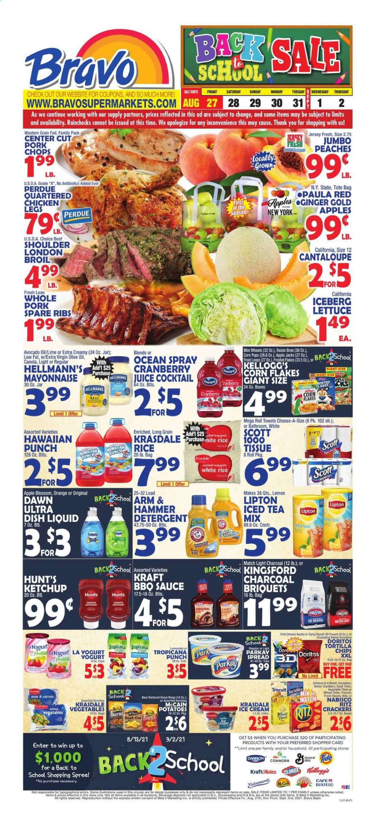 thumbnail - Bravo Supermarkets Flyer - 08/27/2021 - 09/02/2021 - Sales products - cantaloupe, potatoes, lettuce, apples, oranges, onion rings, sauce, Perdue®, Kraft®, cheese, yoghurt, Dannon, Blossom, mayonnaise, Hellmann’s, ice cream, McCain, crackers, Kellogg's, RITZ, Doritos, tortilla chips, chips, Thins, ARM & HAMMER, corn flakes, Frosted Flakes, Corn Pops, Raisin Bran, white rice, BBQ sauce, ketchup, avocado oil, extra virgin olive oil, olive oil, lemonade, juice, Lipton, ice tea, fruit punch, beer, chicken legs, steak, pork meat, pork ribs, pork spare ribs, peaches. Page 1.