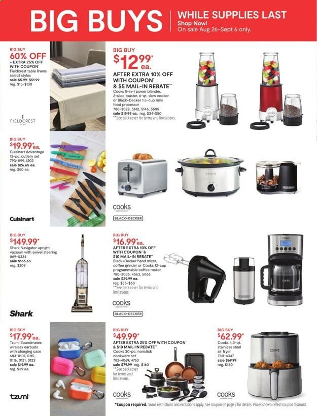 thumbnail - JCPenney Flyer - 08/26/2021 - 09/12/2021 - Sales products - earbuds, coffee machine, Cuisinart, blender, mixer, hand mixer, air fryer, food processor, toaster, grinder, coffee grinder. Page 17.