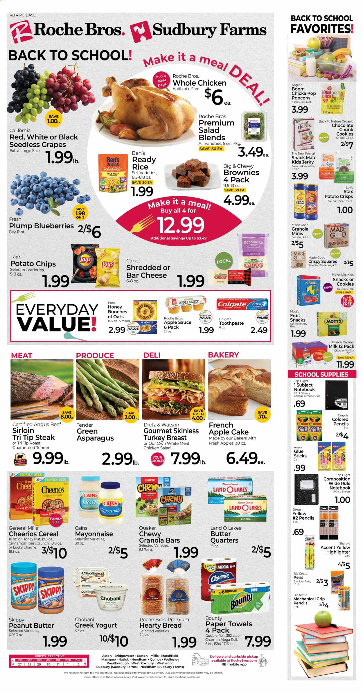 thumbnail - Roche Bros. Flyer - 08/27/2021 - 09/02/2021 - Sales products - seedless grapes, bread, cake, brownies, asparagus, salad, blueberries, grapes, Mott's, sauce, Quaker, jerky, Dietz & Watson, chicken salad, cheese, greek yoghurt, yoghurt, Chobani, organic milk, mayonnaise, cookies, chocolate, Bounty, fruit snack, potato crisps, potato chips, chips, Lay’s, popcorn, cereals, Cheerios, granola bar, cinnamon, apple sauce, peanut butter, turkey breast, whole chicken, beef meat, steak, kitchen towels, paper towels, Charmin, Colgate, toothpaste, BIC, Bakers, Primal. Page 1.