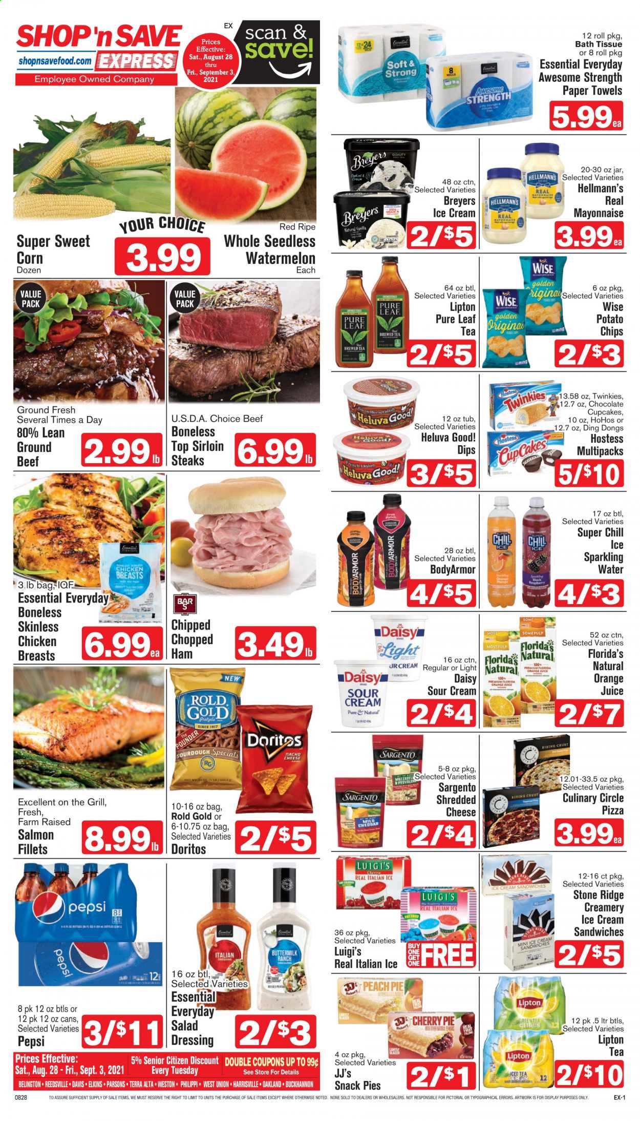 thumbnail - Shop ‘n Save Express Flyer - 08/28/2021 - 09/03/2021 - Sales products - cupcake, corn, sweet corn, watermelon, chicken breasts, beef meat, ground beef, steak, salmon, salmon fillet, pizza, ham, shredded cheese, Sargento, sour cream, mayonnaise, Hellmann’s, ice cream, ice cream sandwich, snack, Florida's Natural, Doritos, potato chips, chips, salad dressing, dressing, Pepsi, orange juice, juice, Lipton, sparkling water, tea, Pure Leaf, bath tissue, kitchen towels, paper towels. Page 1.
