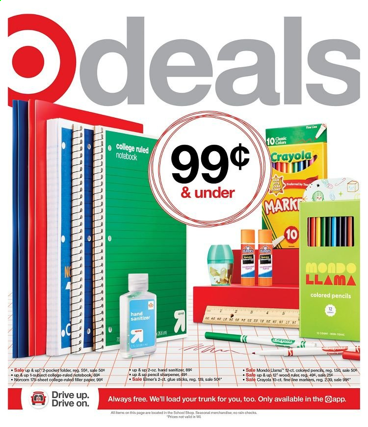 thumbnail - Target Flyer - 08/29/2021 - 09/04/2021 - Sales products - hand sanitizer, crayons, sharpener, glue, folder, paper, ruler. Page 1.