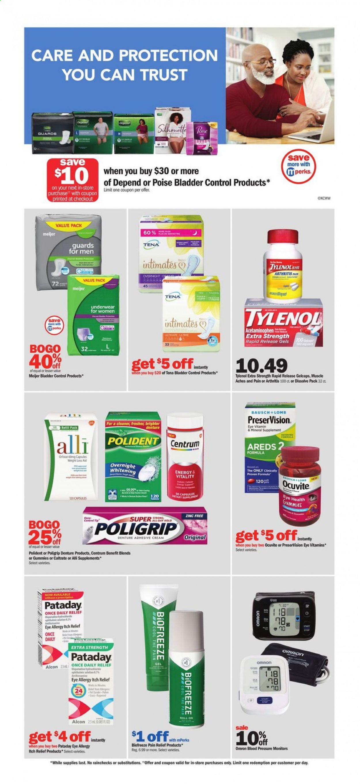 thumbnail - Meijer Flyer - 08/29/2021 - 09/04/2021 - Sales products - cleaner, Polident, roll-on, Omron, pressure monitor, underwear, Tylenol, pain relief, Ocuvite, zinc, Centrum, dietary supplement. Page 20.