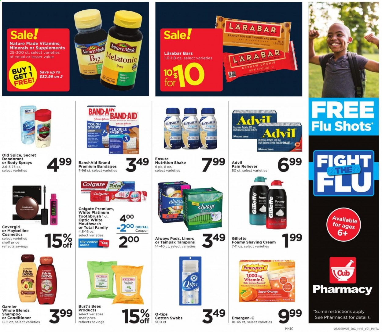 thumbnail - Cub Foods Flyer - 08/29/2021 - 09/04/2021 - Sales products - oranges, shake, strips, spice, peanut butter, Omo, shampoo, Old Spice, Colgate, toothbrush, mouthwash, Tampax, Always pads, tampons, Garnier, conditioner, anti-perspirant, deodorant, Gillette, Nature Made, vitamin c, Ibuprofen, Advil Rapid, Emergen-C. Page 13.