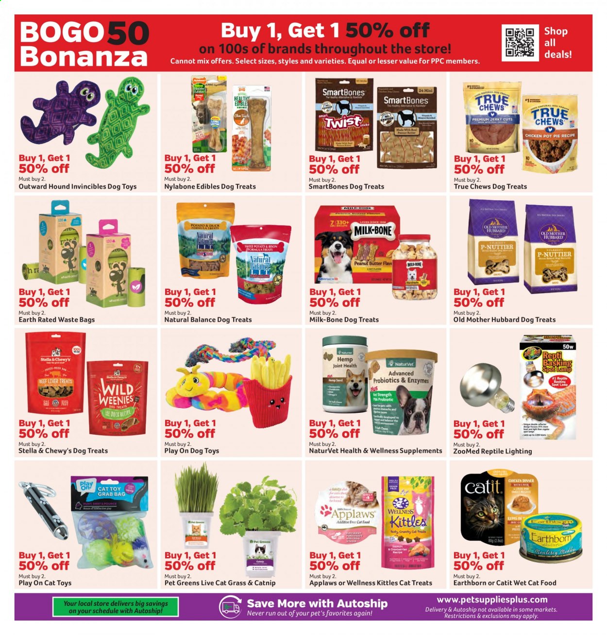thumbnail - Pet Supplies Plus Flyer - 08/28/2021 - 09/29/2021 - Sales products - bag, trash bags, cat toy, dog toy, Nylabone, Play On, animal food, cat food, Stella & Chewy's, True Chews, Natural Balance, Earthborn, wet cat food. Page 2.