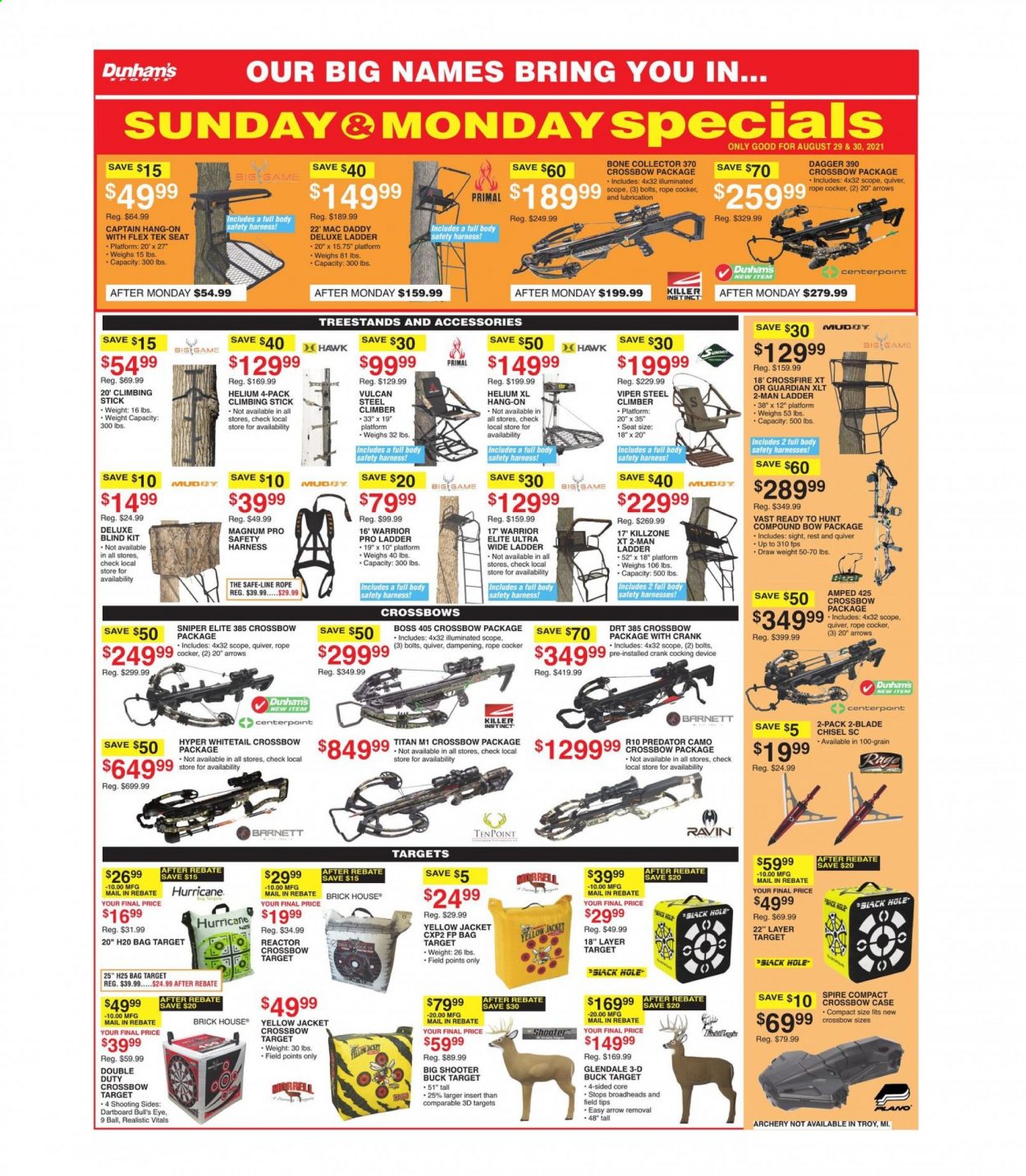 thumbnail - Dunham's Sports Flyer - 08/28/2021 - 09/02/2021 - Sales products - jacket, bag, viper, scope, crossbow, compound bow, climbing stick. Page 4.