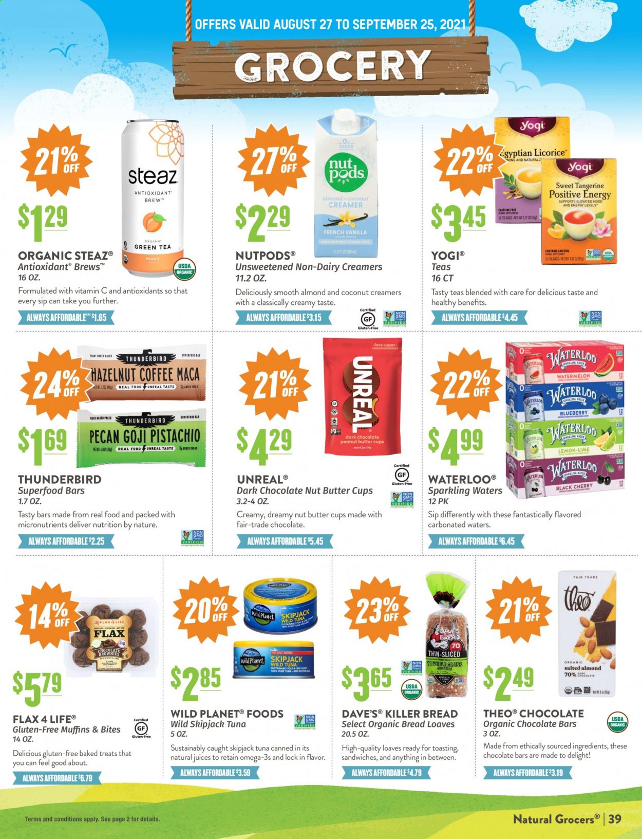 thumbnail - Natural Grocers Flyer - 08/27/2021 - 09/25/2021 - Sales products - corn, tuna, sandwich, dark chocolate, chocolate bar, olives, quinoa, spice, apple cider vinegar, vinegar, honey, nut butter, juice. Page 39.