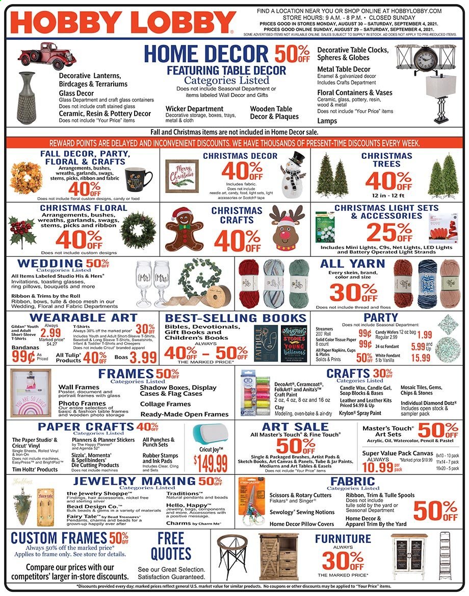 thumbnail - Hobby Lobby Flyer - 08/29/2021 - 09/04/2021 - Sales products - sticker, scissors, eraser, paper, pencil, canvas, ribbon, napkins, pillow cover, wall decor, christmas tree, christmas decor, vase. Page 1.