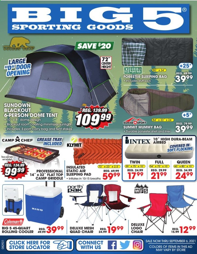 thumbnail - Big 5 Flyer - 08/29/2021 - 09/06/2021 - Sales products - Coleman, carry bag, sleeping bag, tent, stove, blackout. Page 1.