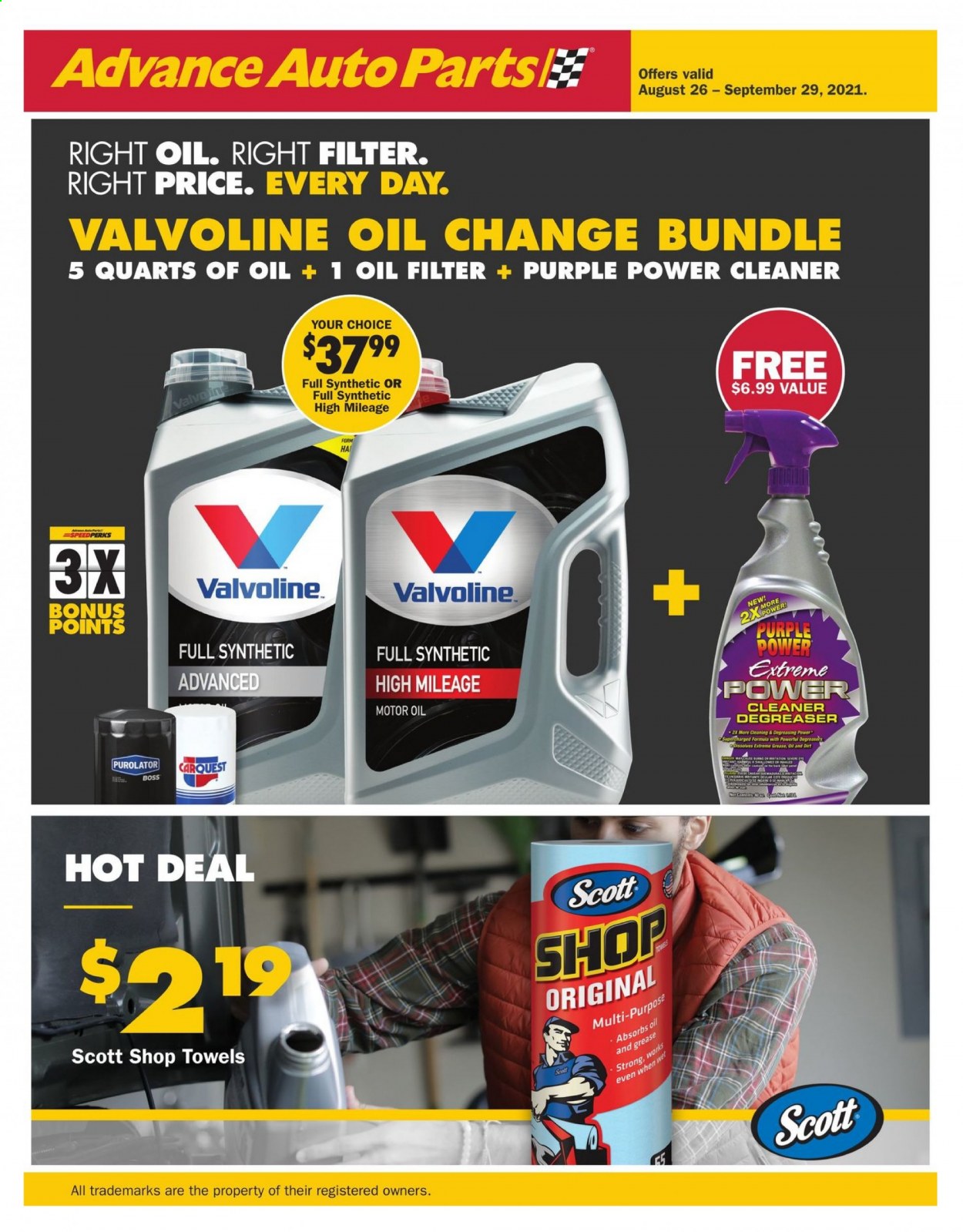 thumbnail - Advance Auto Parts Flyer - 08/26/2021 - 09/29/2021 - Sales products - oil filter, cleaner, degreaser, motor oil, Valvoline. Page 1.