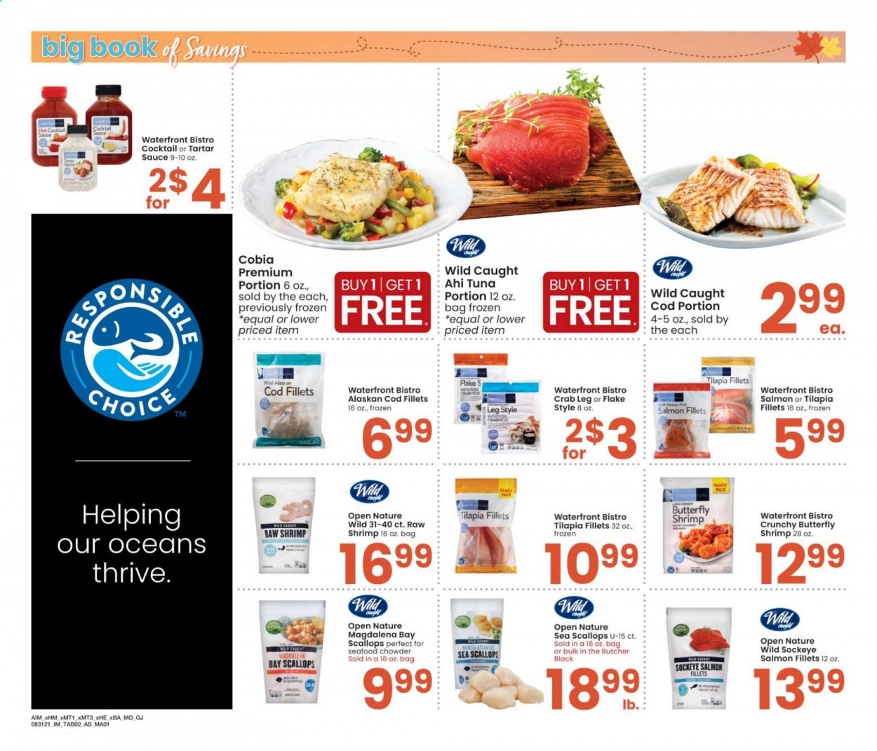 thumbnail - Albertsons Flyer - 08/31/2021 - 09/27/2021 - Sales products - cod, salmon, salmon fillet, scallops, tilapia, tuna, seafood, crab, shrimps, tartar sauce, cocktail sauce. Page 2.