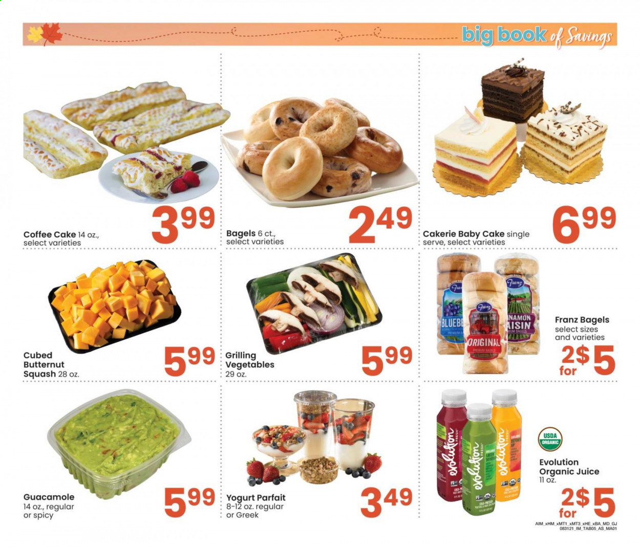 thumbnail - Albertsons Flyer - 08/31/2021 - 09/27/2021 - Sales products - bagels, cake, coffee cake, guacamole, yoghurt, juice, butternut squash. Page 5.