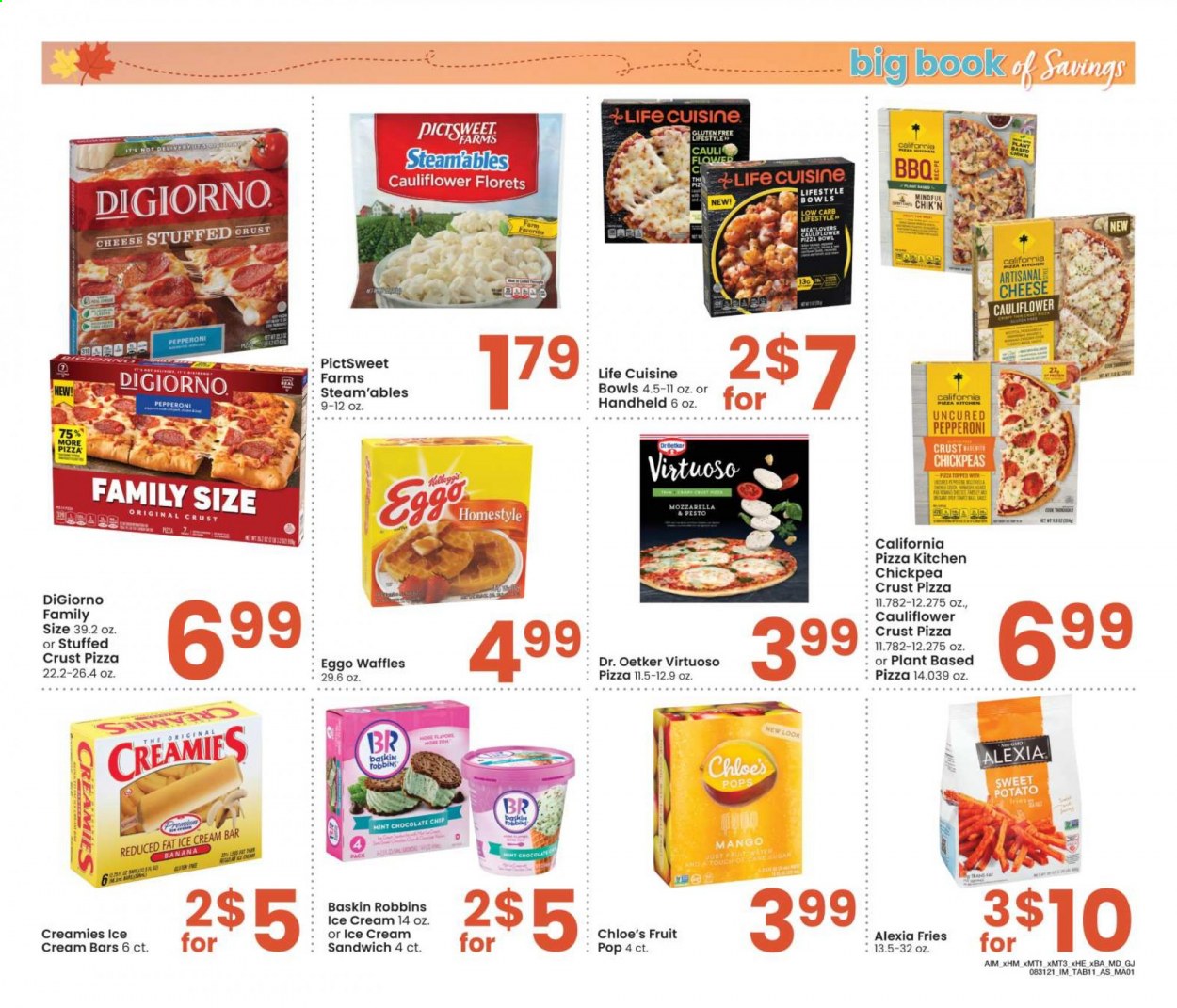 thumbnail - Albertsons Flyer - 08/31/2021 - 09/27/2021 - Sales products - waffles, sweet potato, pizza, pepperoni, Dr. Oetker, ice cream, ice cream bars, ice cream sandwich, potato fries, chocolate chips, pesto, Chloé. Page 11.