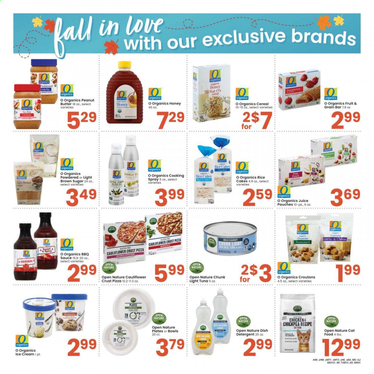 thumbnail - Albertsons Flyer - 08/31/2021 - 09/27/2021 - Sales products - kiwi, pizza, sauce, pepperoni, ice cream, cane sugar, croutons, icing sugar, tuna in water, light tuna, cereals, rice, BBQ sauce, cooking spray, extra virgin olive oil, olive oil, oil, honey, peanut butter, juice, fruit punch, detergent, dishwashing liquid, plate, animal food, cat food. Page 13.