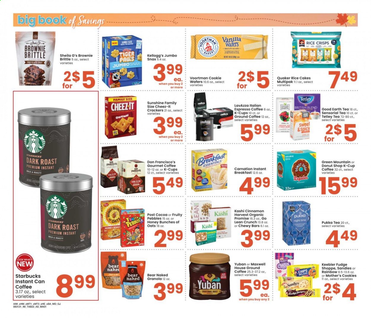 thumbnail - Albertsons Flyer - 08/31/2021 - 09/27/2021 - Sales products - brownies, Quaker, Sunshine, cookies, fudge, wafers, crackers, Kellogg's, Keebler, chips, Cheez-It, rice crisps, granola, Fruity Pebbles, rice, cinnamon, Maxwell House, tea, coffee, Starbucks, ground coffee, coffee capsules, K-Cups, Keurig, Lavazza, Green Mountain, Rin. Page 22.