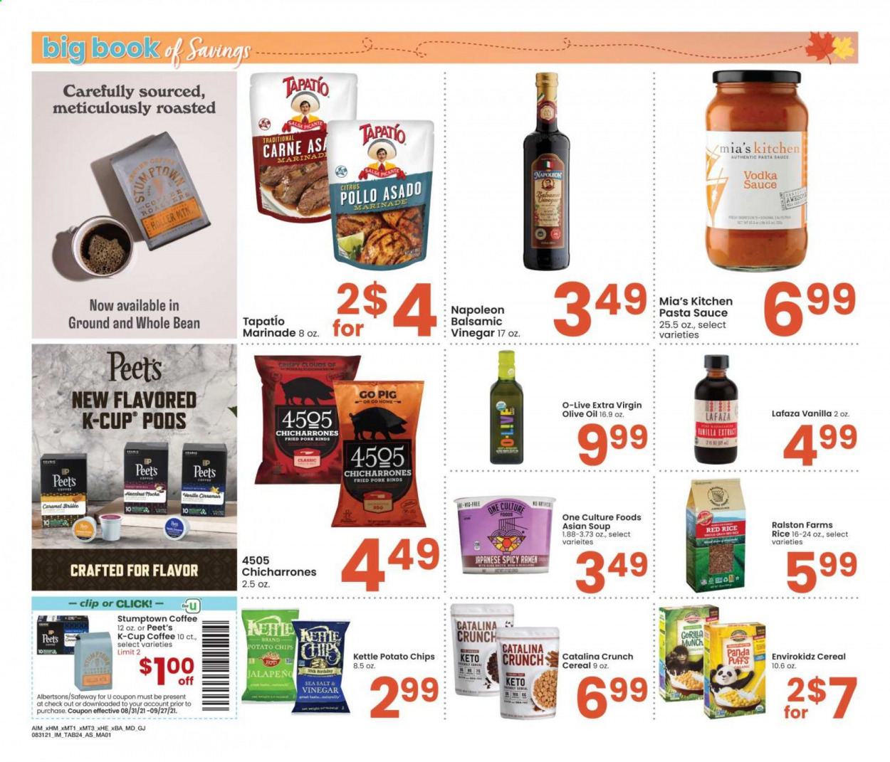 thumbnail - Albertsons Flyer - 08/31/2021 - 09/27/2021 - Sales products - puffs, jalapeño, ramen, pasta sauce, soup, potato chips, chips, cereals, caramel, marinade, extra virgin olive oil, olive oil, oil, coffee, coffee capsules, K-Cups, vodka, panda. Page 24.