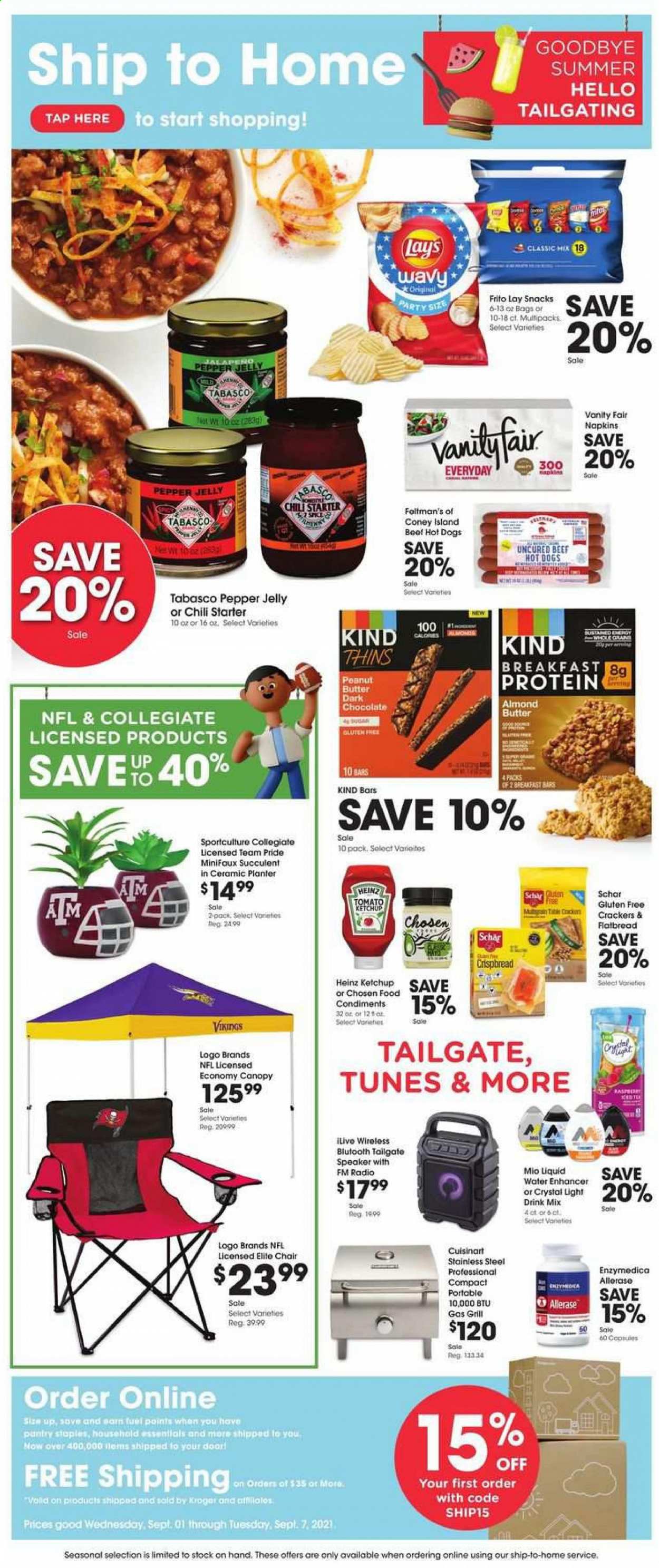 thumbnail - Baker's Flyer - 09/01/2021 - 09/07/2021 - Sales products - flatbread, crispbread, hot dog, almond butter, chocolate, snack, jelly, crackers, dark chocolate, Lay’s, Thins, tabasco, Heinz, pepper, ketchup, peanut butter, napkins, Cuisinart, radio, speaker, chair, gas grill, grill, succulent, starter. Page 1.