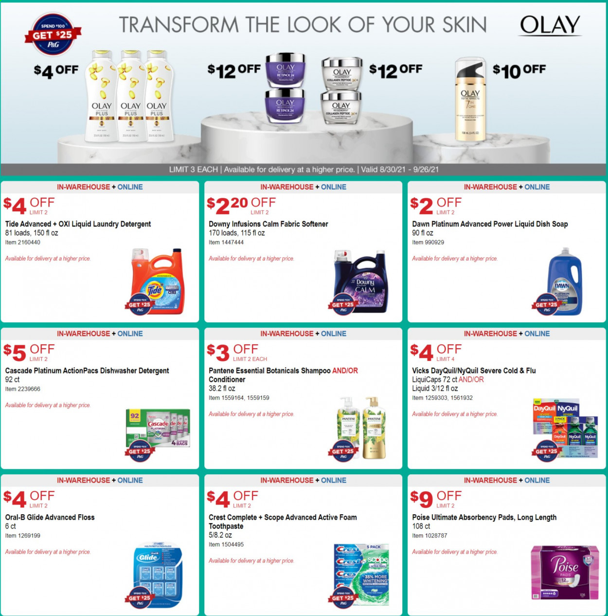 thumbnail - Costco Flyer - 09/01/2021 - 09/26/2021 - Sales products - detergent, Cascade, Tide, fabric softener, laundry detergent, Downy Laundry, shampoo, soap, Oral-B, toothpaste, Crest, Olay, conditioner, Pantene, Vicks, scope, Plus Plus, DayQuil, Cold & Flu, NyQuil. Page 2.