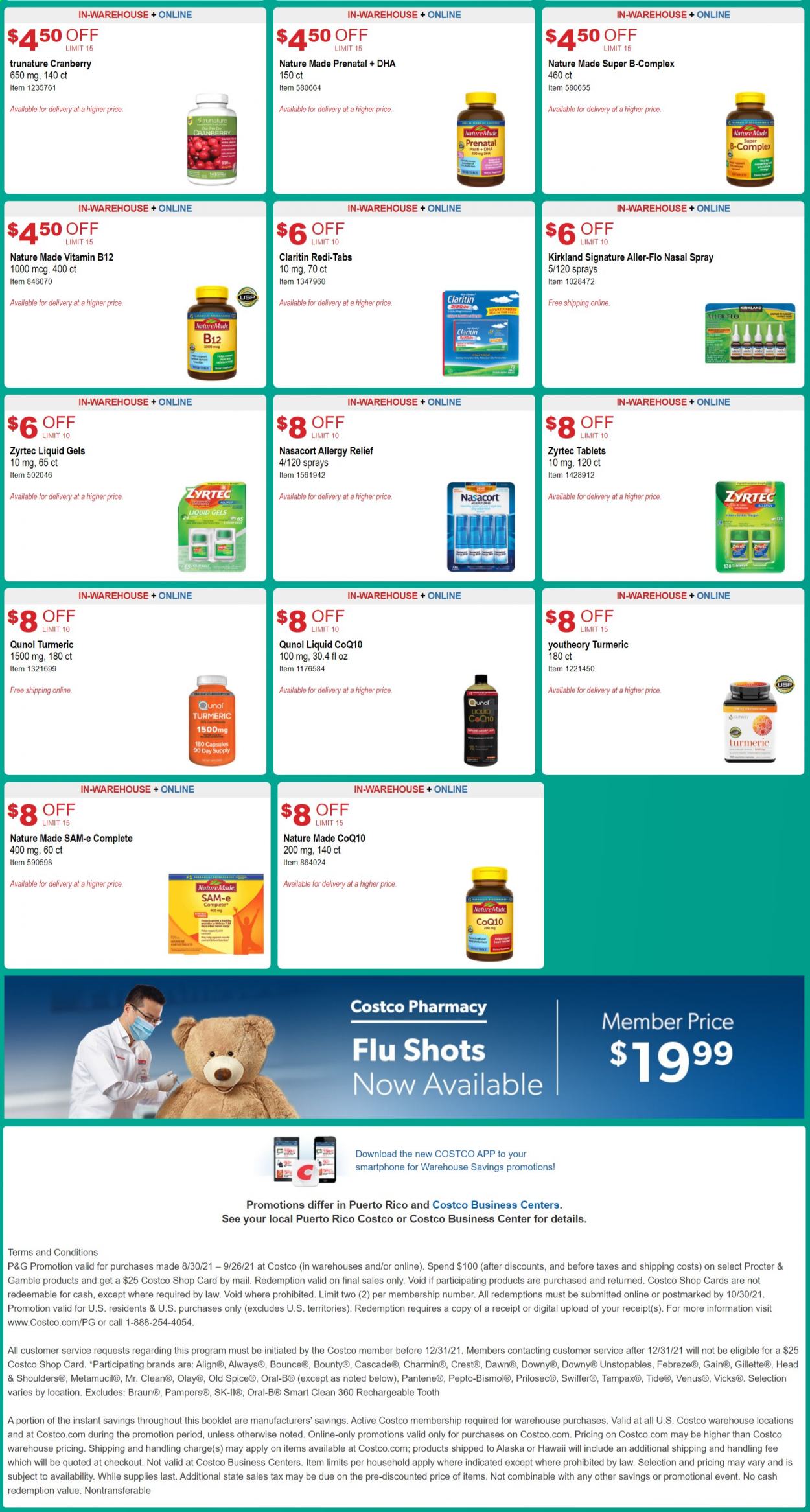 thumbnail - Costco Flyer - 09/01/2021 - 09/26/2021 - Sales products - Bounty, turmeric, spice, Pampers, Charmin, Febreze, Gain, Swiffer, Cascade, Tide, Unstopables, Bounce, Old Spice, Oral-B, Crest, Tampax, Olay, Head & Shoulders, Pantene, Gillette, Venus, Vicks, Braun, Prenatal, Nature Made, Qunol, Zyrtec, Pepto-bismol, vitamin B12, Metamucil, nasal spray, allergy relief. Page 11.