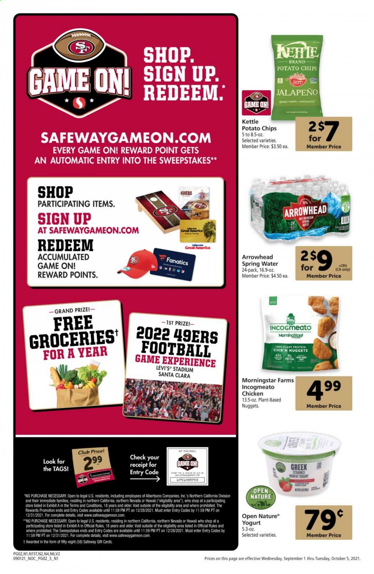 thumbnail - Safeway Flyer - 09/01/2021 - 10/05/2021 - Sales products - jalapeño, nuggets, MorningStar Farms, yoghurt, potato chips, chips, plant protein, spring water. Page 2.