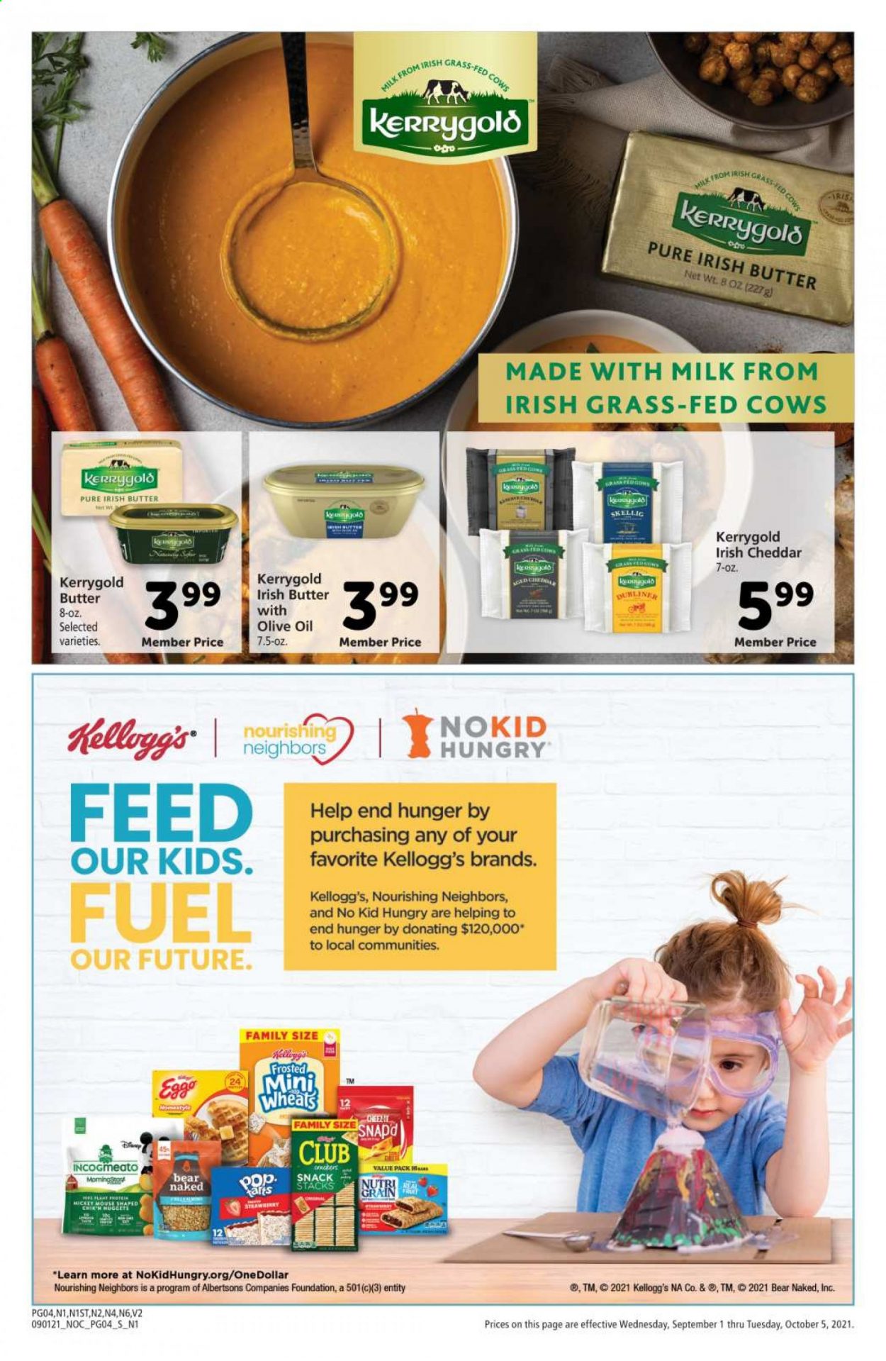 thumbnail - Safeway Flyer - 09/01/2021 - 10/05/2021 - Sales products - cheddar, cheese, milk, irish butter, snack, Kellogg's, oil. Page 4.