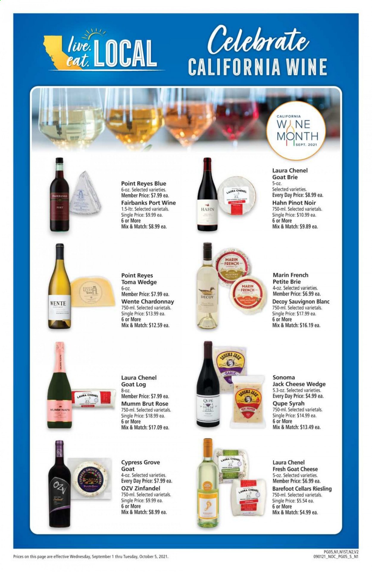 thumbnail - Safeway Flyer - 09/01/2021 - 10/05/2021 - Sales products - garlic, goat cheese, cheese, brie, red wine, Riesling, white wine, Chardonnay, wine, Pinot Noir, Syrah, Sauvignon Blanc, rosé wine, port wine, Hahn. Page 5.