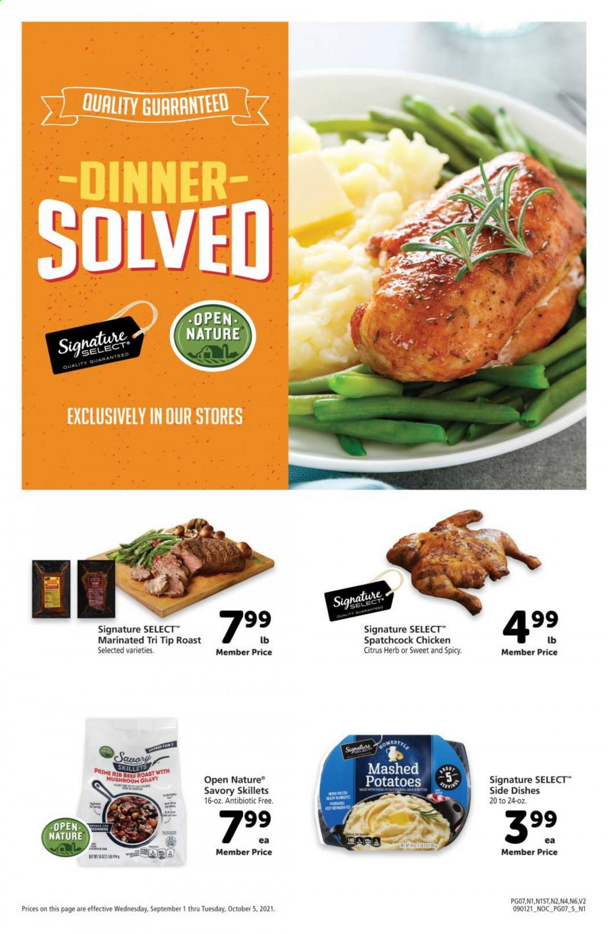 thumbnail - Safeway Flyer - 09/01/2021 - 10/05/2021 - Sales products - mushrooms, potatoes, spatchcock chicken, beef meat, roast beef, herbs, mushroom gravy. Page 7.