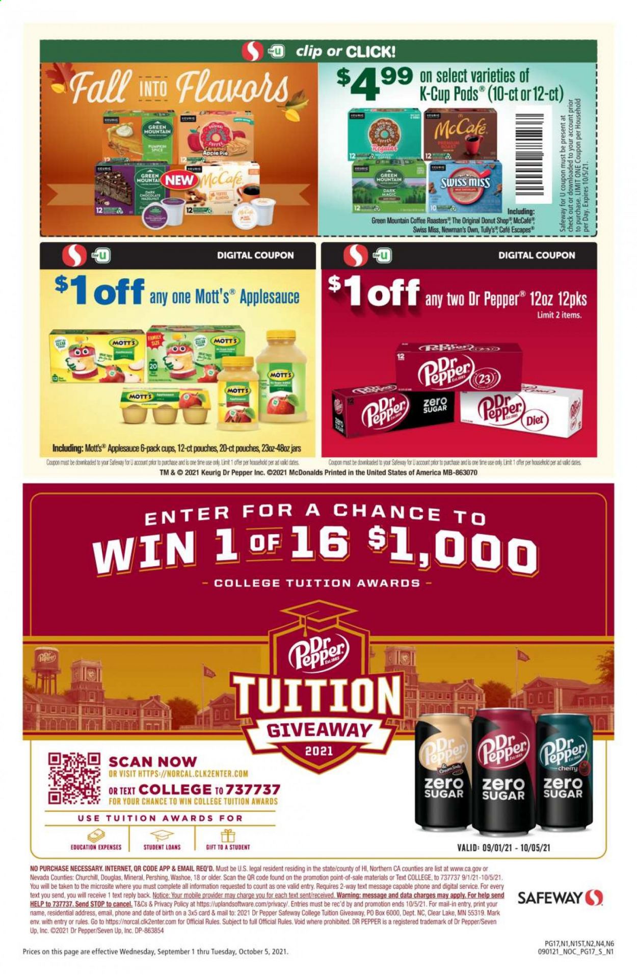 thumbnail - Safeway Flyer - 09/01/2021 - 10/05/2021 - Sales products - pie, apple pie, Mott's, Swiss Miss, spice, apple sauce, Dr. Pepper, 7UP, coffee, coffee capsules, McCafe, K-Cups, Keurig, Green Mountain, jar. Page 17.