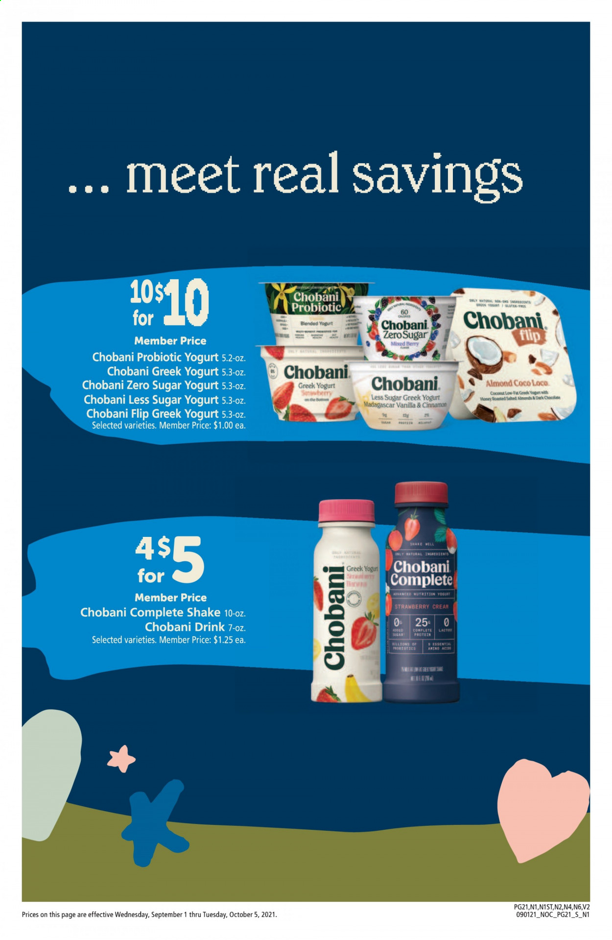 thumbnail - Safeway Flyer - 09/01/2021 - 10/05/2021 - Sales products - greek yoghurt, yoghurt, probiotic yoghurt, Chobani, shake, chocolate. Page 21.