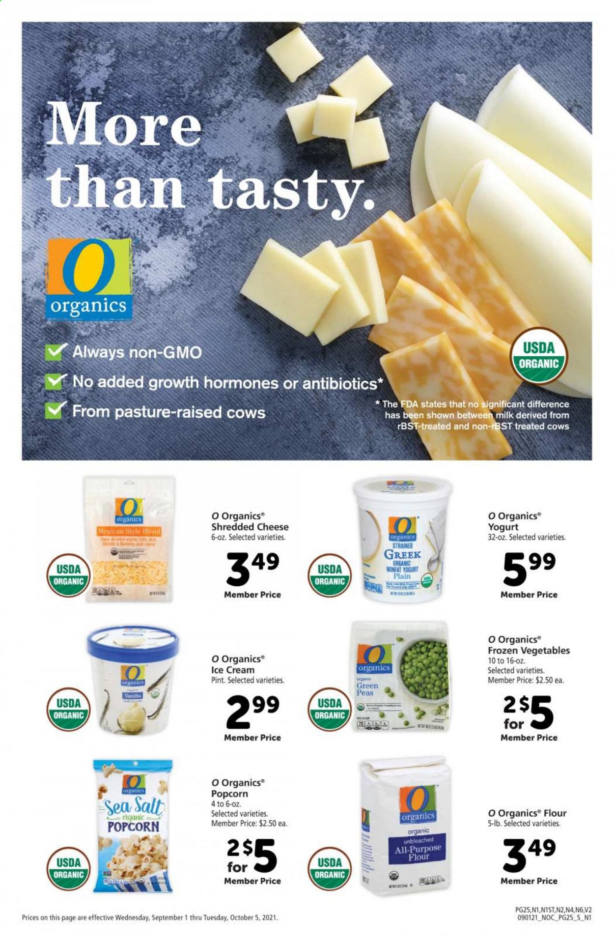 thumbnail - Safeway Flyer - 09/01/2021 - 10/05/2021 - Sales products - peas, shredded cheese, yoghurt, milk, ice cream, frozen vegetables, popcorn, flour, sea salt. Page 25.