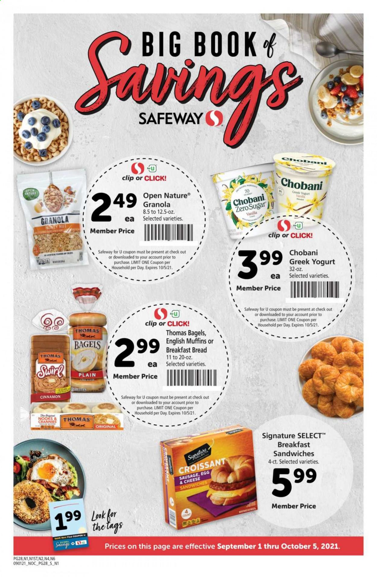 thumbnail - Safeway Flyer - 09/01/2021 - 10/05/2021 - Sales products - bagels, bread, english muffins, sausage, greek yoghurt, yoghurt, Chobani, eggs, granola, cinnamon, Rin. Page 28.