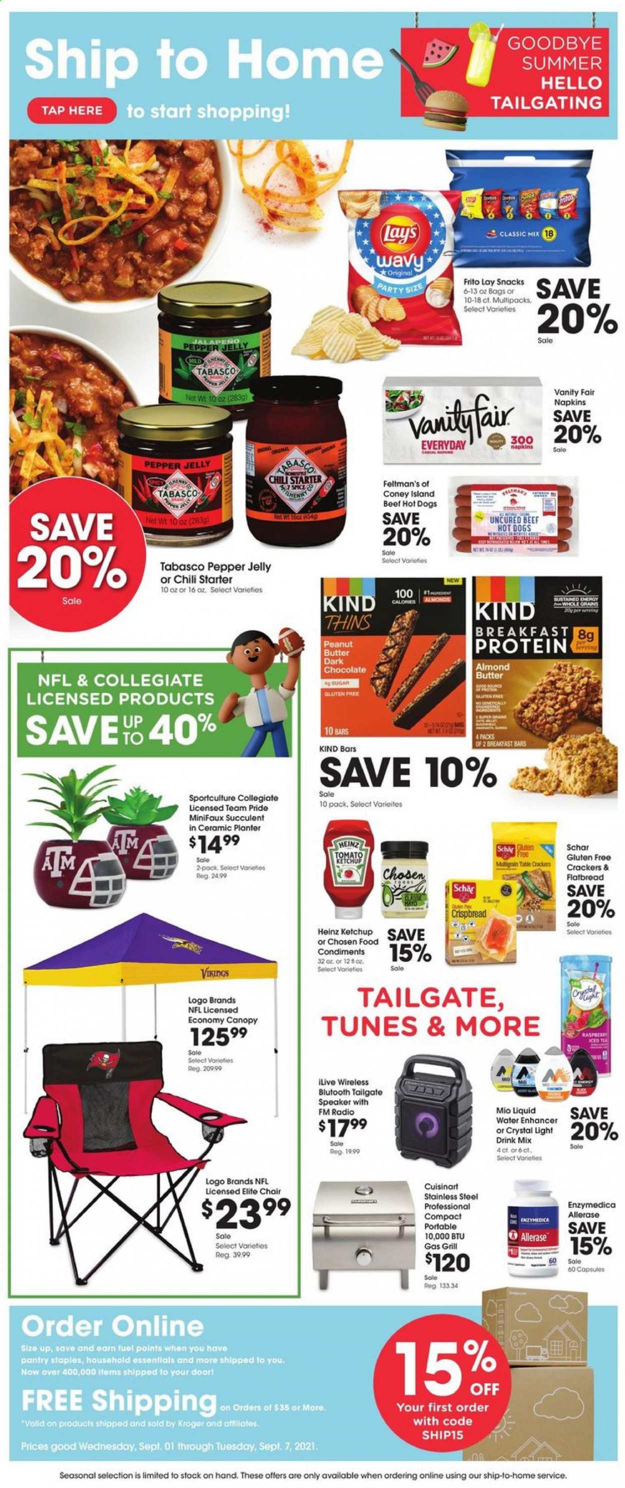 thumbnail - City Market Flyer - 09/01/2021 - 09/07/2021 - Sales products - flatbread, crispbread, jalapeño, hot dog, almond butter, chocolate, snack, jelly, crackers, dark chocolate, Lay’s, Thins, tabasco, Heinz, pepper, ketchup, peanut butter, almonds, tea, napkins, Cuisinart, succulent, starter. Page 1.