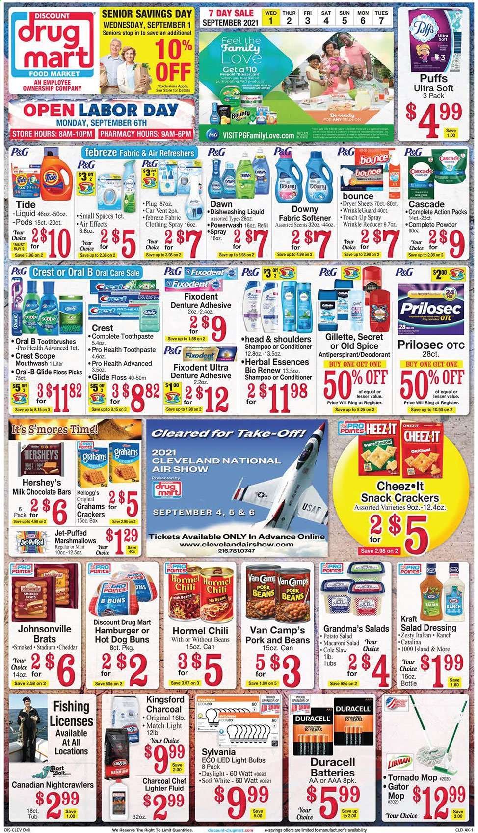 thumbnail - Discount Drug Mart Flyer - 09/01/2021 - 09/07/2021 - Sales products - buns, puffs, beans, Kraft®, Hormel, Johnsonville, potato salad, macaroni salad, Hershey's, marshmallows, milk chocolate, snack, Bounty, crackers, Kellogg's, chocolate bar, spice, salad dressing, dressing, Febreze, Cascade, Tide, fabric softener, Bounce, dryer sheets, dishwashing liquid, Jet, shampoo, Old Spice, Oral-B, toothpaste, mouthwash, Fixodent, Crest, conditioner, Head & Shoulders, Herbal Essences, anti-perspirant, deodorant, Gillette, mop, battery, bulb, Duracell, light bulb, Sylvania, animal food, nightcrawlers. Page 1.