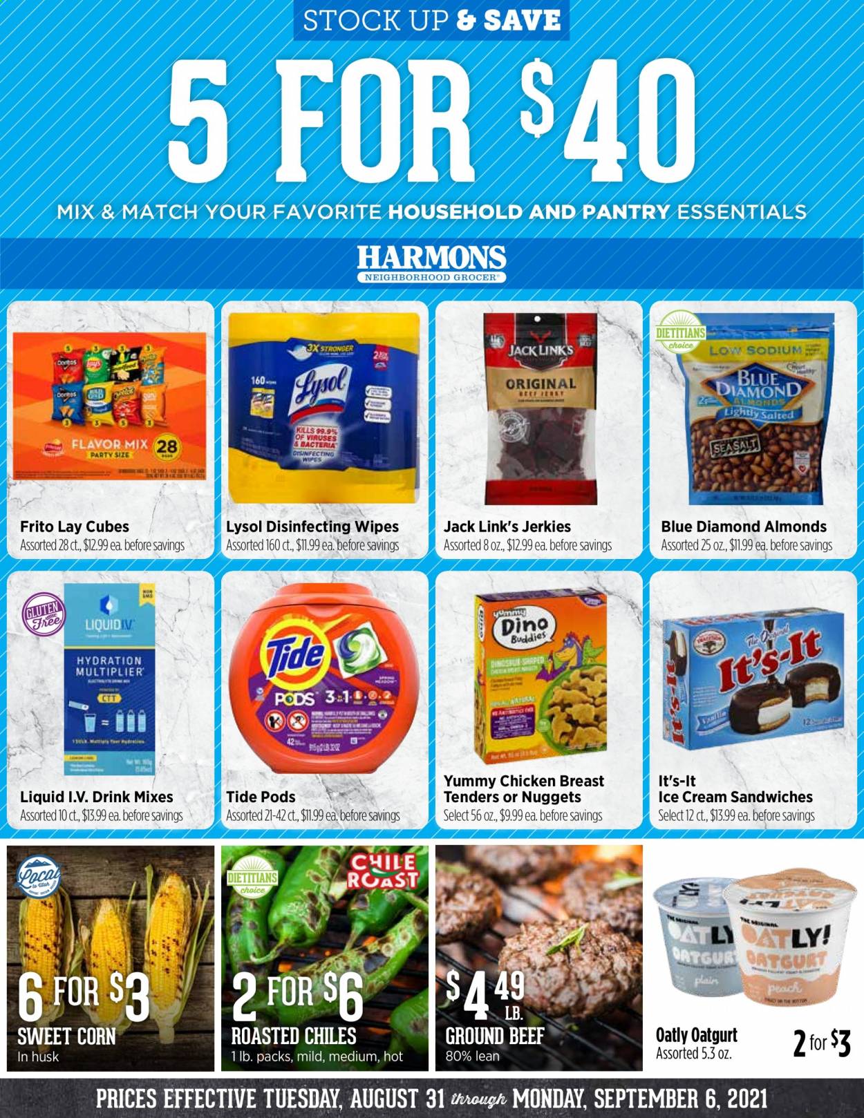 thumbnail - Harmons Flyer - 08/31/2021 - 09/06/2021 - Sales products - corn, sweet corn, chicken tenders, nuggets, Yummy Dino Buddies, roast, ready meal, ice cream, ice cream sandwich, Jack Link's, salty snack, almonds, Blue Diamond, beef meat, ground beef, cleansing wipes, wipes, Lysol, Tide, laundry detergent, dietary supplement. Page 1.