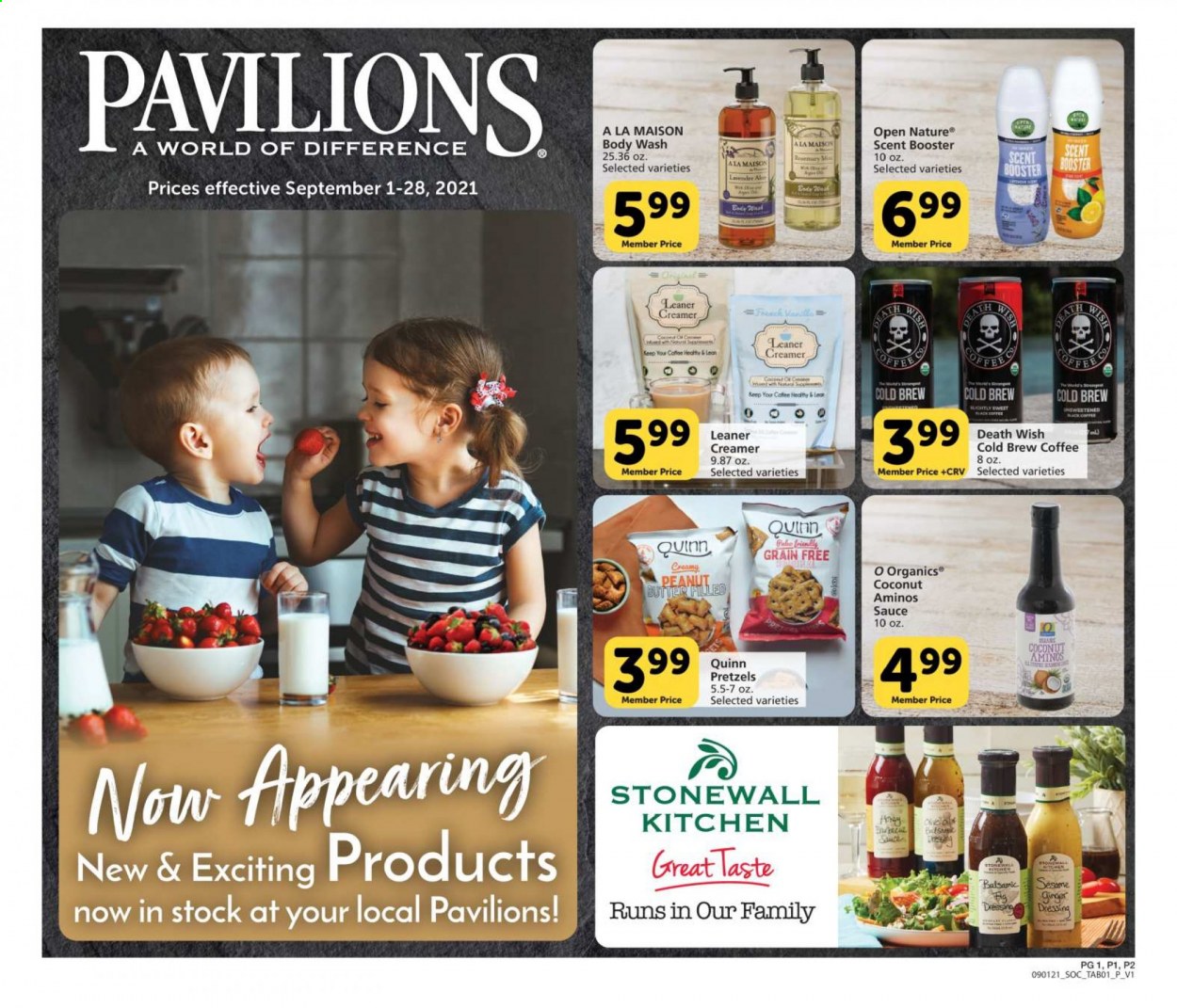 thumbnail - Pavilions Flyer - 09/01/2021 - 09/28/2021 - Sales products - pretzels, ginger, coconut, sauce, creamer, rosemary, dressing, coffee, body wash. Page 1.