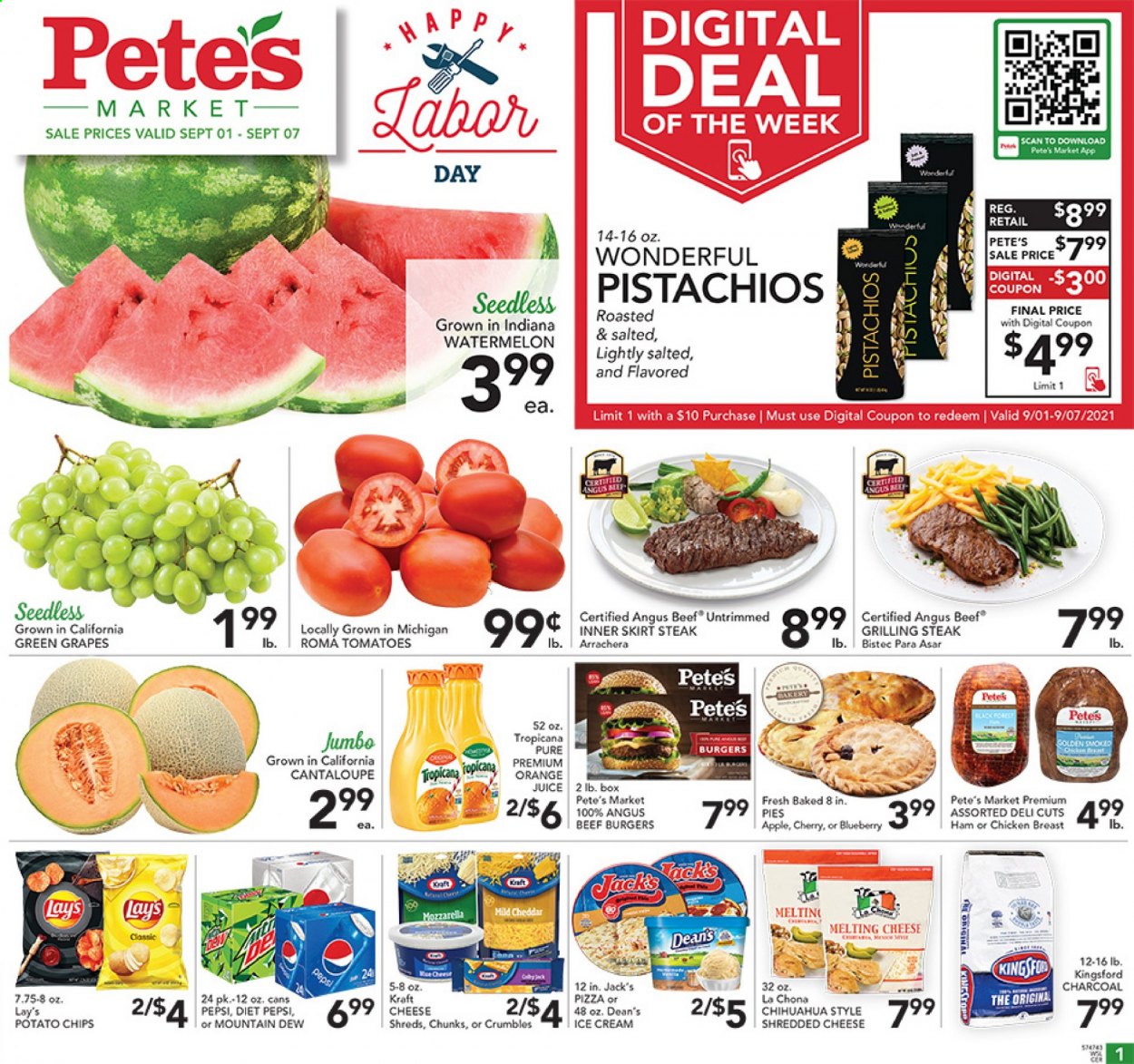 thumbnail - Pete's Fresh Market Flyer - 09/01/2021 - 09/07/2021 - Sales products - cantaloupe, grapes, watermelon, oranges, pizza, hamburger, beef burger, Kraft®, ham, shredded cheese, ice cream, potato chips, chips, Lay’s, pistachios, Mountain Dew, Pepsi, juice, Diet Pepsi, chicken breasts, beef meat, steak. Page 1.