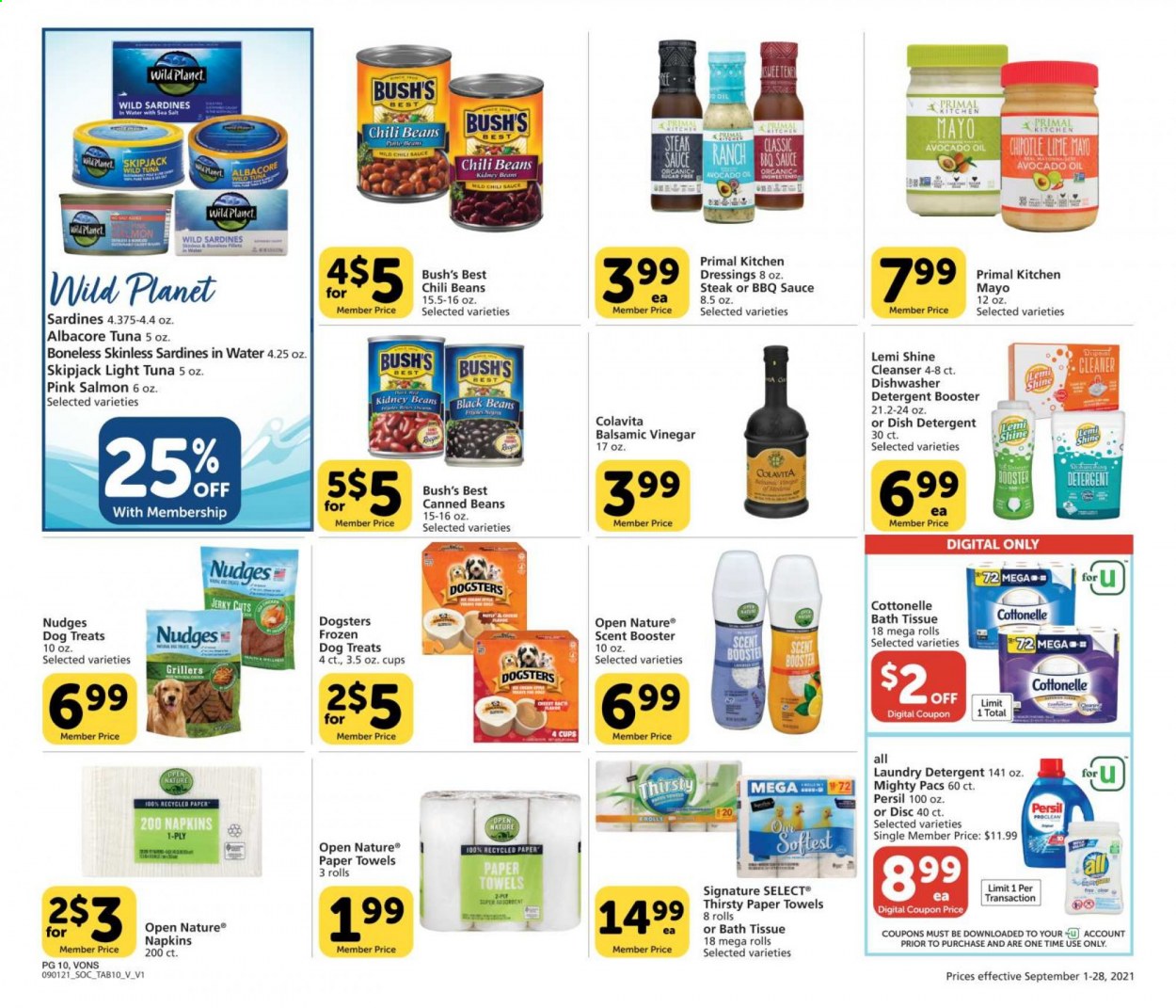 thumbnail - Vons Flyer - 09/01/2021 - 09/28/2021 - Sales products - beans, steak, salmon, sardines, tuna, sauce, jerky, mayonnaise, black beans, kidney beans, chili beans, light tuna, BBQ sauce, chilli sauce, avocado oil, balsamic vinegar, vinegar, oil, napkins, bath tissue, Cottonelle, kitchen towels, paper towels, detergent, cleaner, Persil, laundry detergent, cleanser, cup. Page 10.