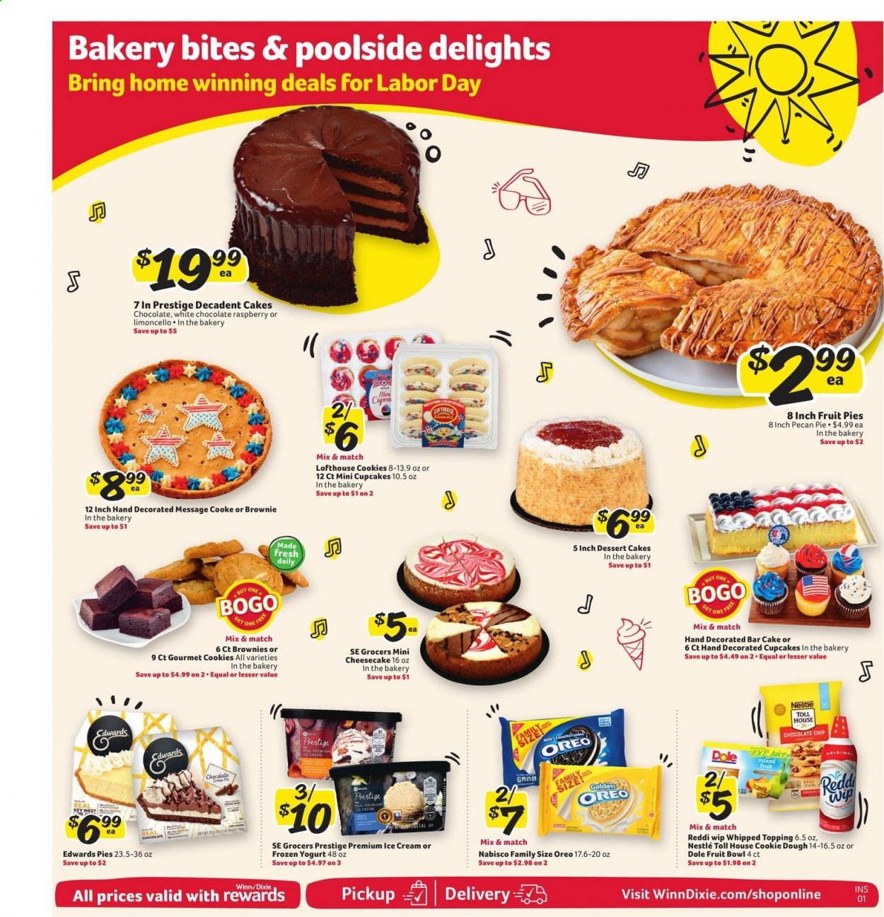 thumbnail - Winn Dixie Flyer - 09/01/2021 - 09/07/2021 - Sales products - cake, pie, cupcake, brownies, Dole, Oreo, yoghurt, ice cream, cookies, Nestlé, topping, juice, Limoncello, bowl. Page 7.